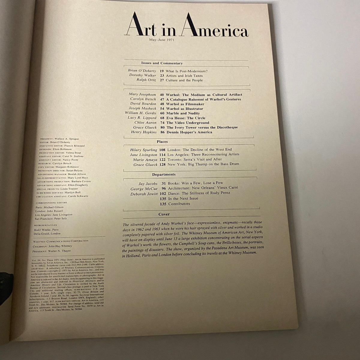 Contents page of Art in America Magazine May 1971, highlighting articles and commentary on Andy Warhol and the cultural events of the time.