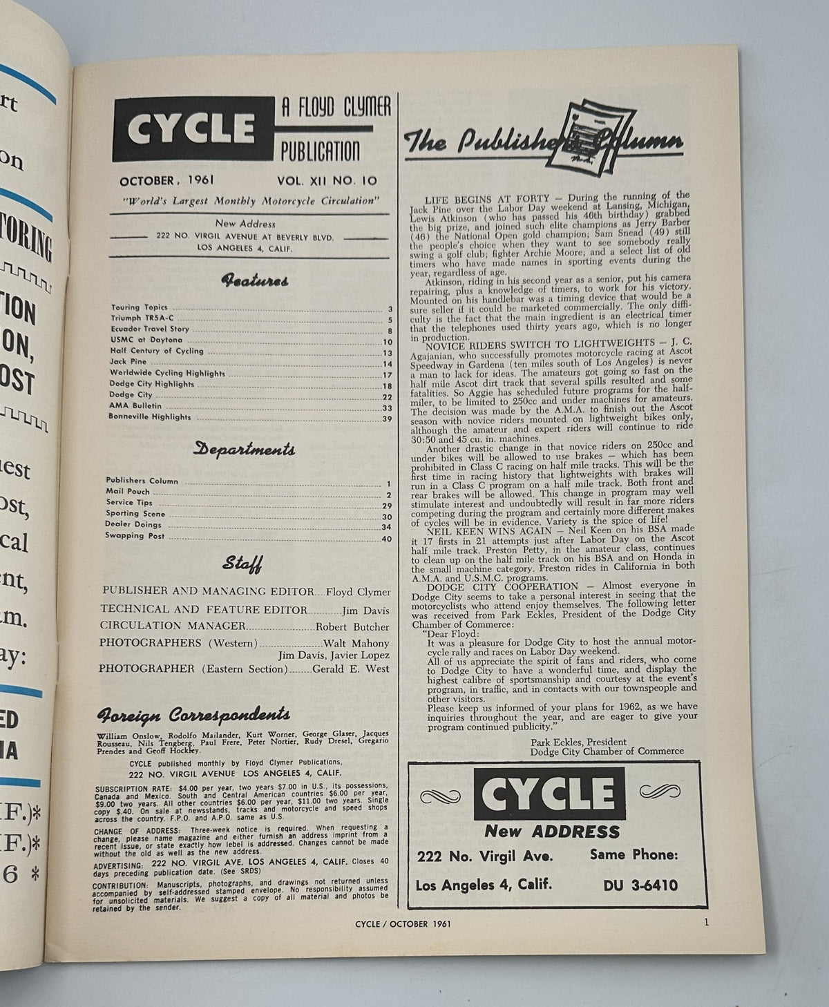 Inside page of Cycle Magazine October 1961, listing features and departments, including Triumph TR5A-C road test, USMC at Daytona, and travel stories.