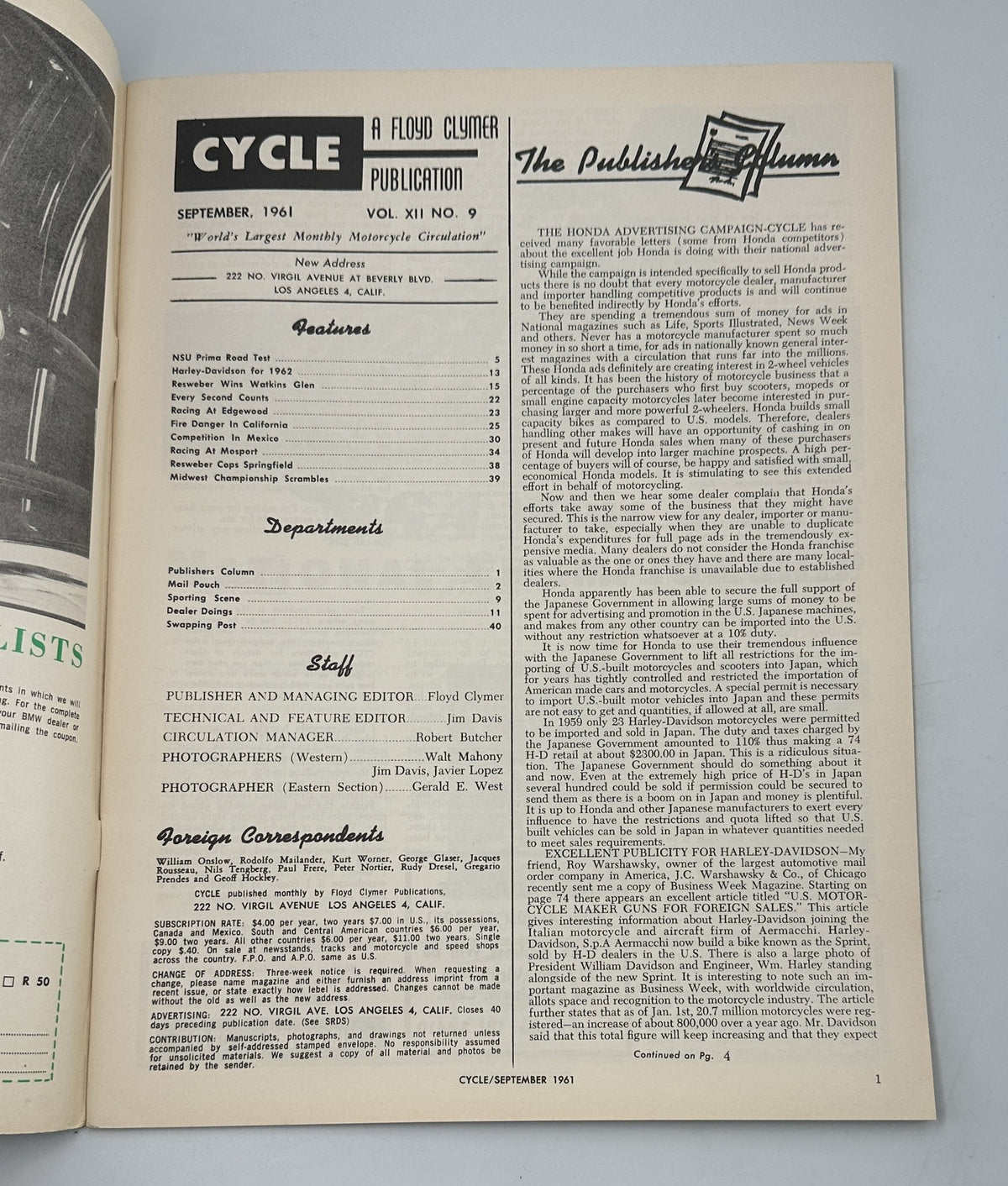 Cycle Magazine September 1961 interior page displaying text from the publication detailing features and departments, including publisher information.