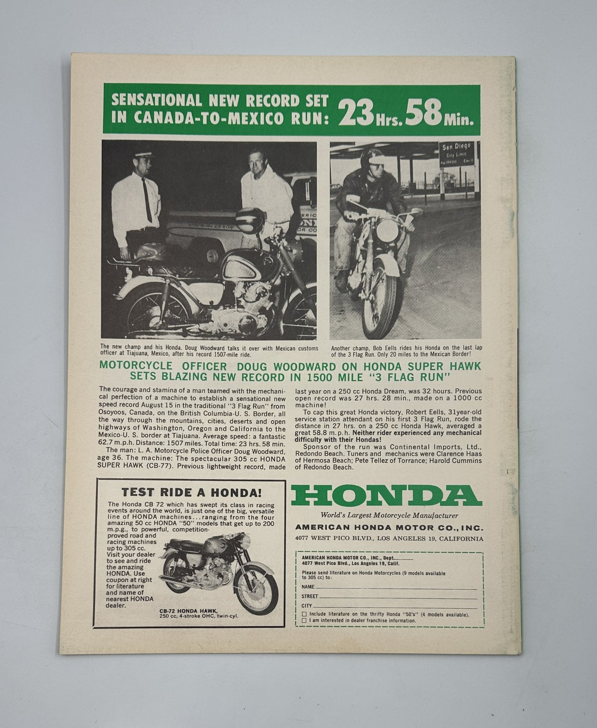 Cycle Magazine September 1961 back cover advertising a new motorcycle record achievement by Doug Woodward on a Honda Super Hawk, promoting motorcycle riding.