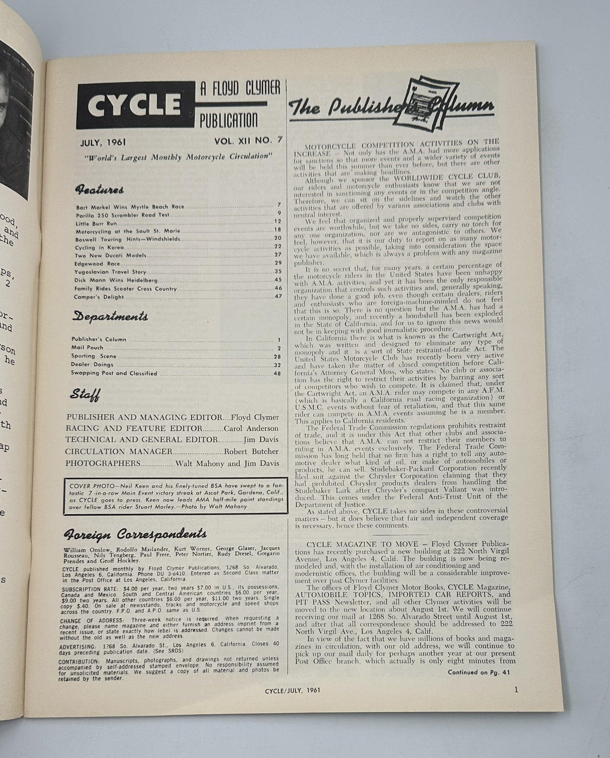 Inside page of Cycle Magazine July 1961 displaying the publication's details and contributors, including features on motorcycle racing and travel.
