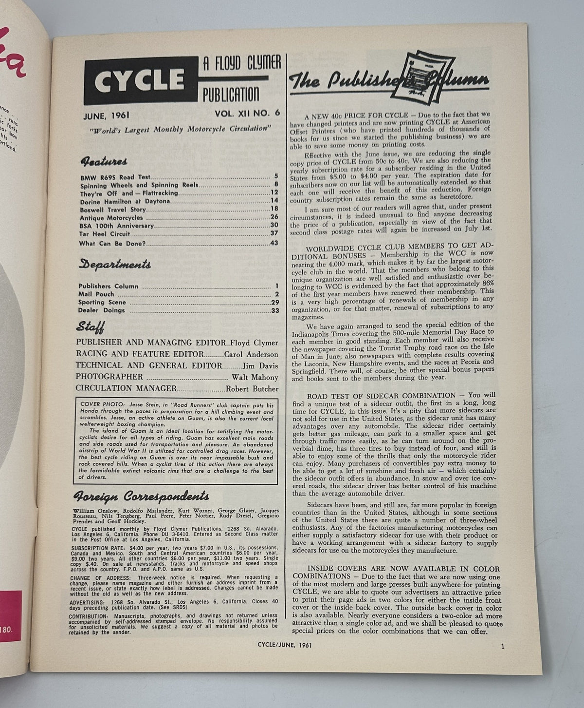 Cycle Magazine June 1961 featuring BMW R69S Road Test on the cover, showcasing motorcycle content and highlights from the issue.