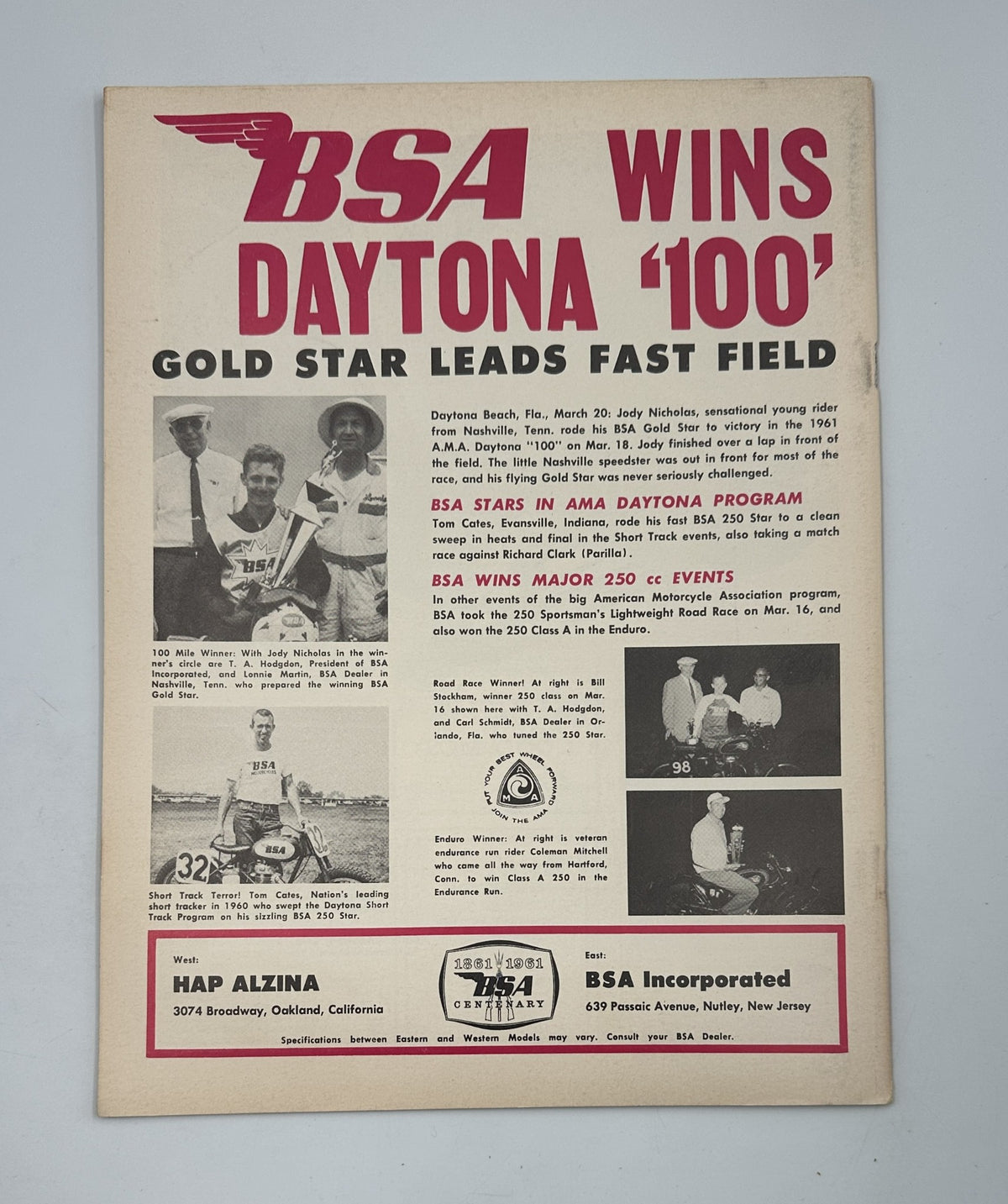 Cycle Magazine June 1961 advertisement for BSA Wins Daytona '100', illustrating the success of BSA in motorcycle racing events.