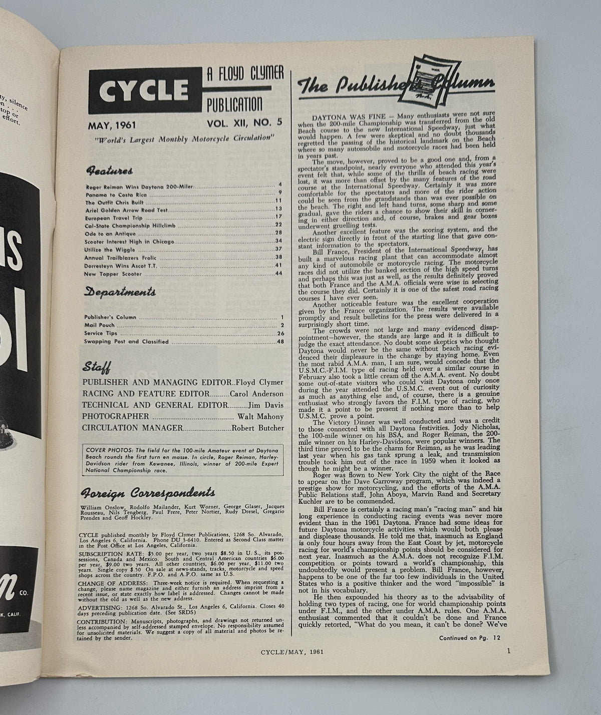 Inside page of Cycle Magazine May 1961 with the publisher's column discussing motorcycle events, including details on Daytona and other articles related to the motorcycle racing scene.