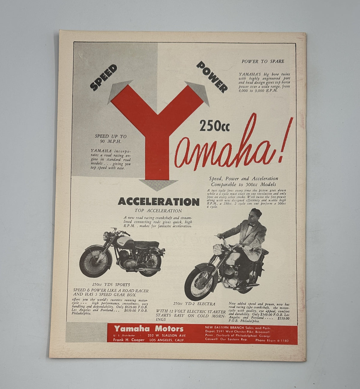 Advertisement page in Cycle Magazine May 1961 for Yamaha motorcycles, highlighting speed and power features with images of the motorcycle and a rider.