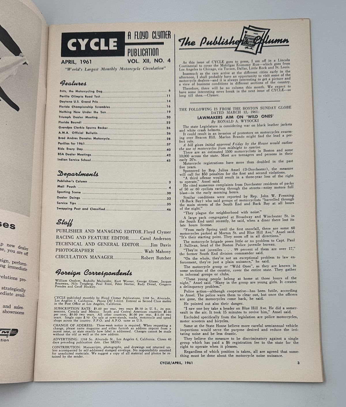 Inside page of Cycle Magazine April 1961 showing the editorial section and publisher's information, associated with the title 'Cycle Magazine April 1961 Parilla Road Test Daytona U.S. Grand Prix VG'.