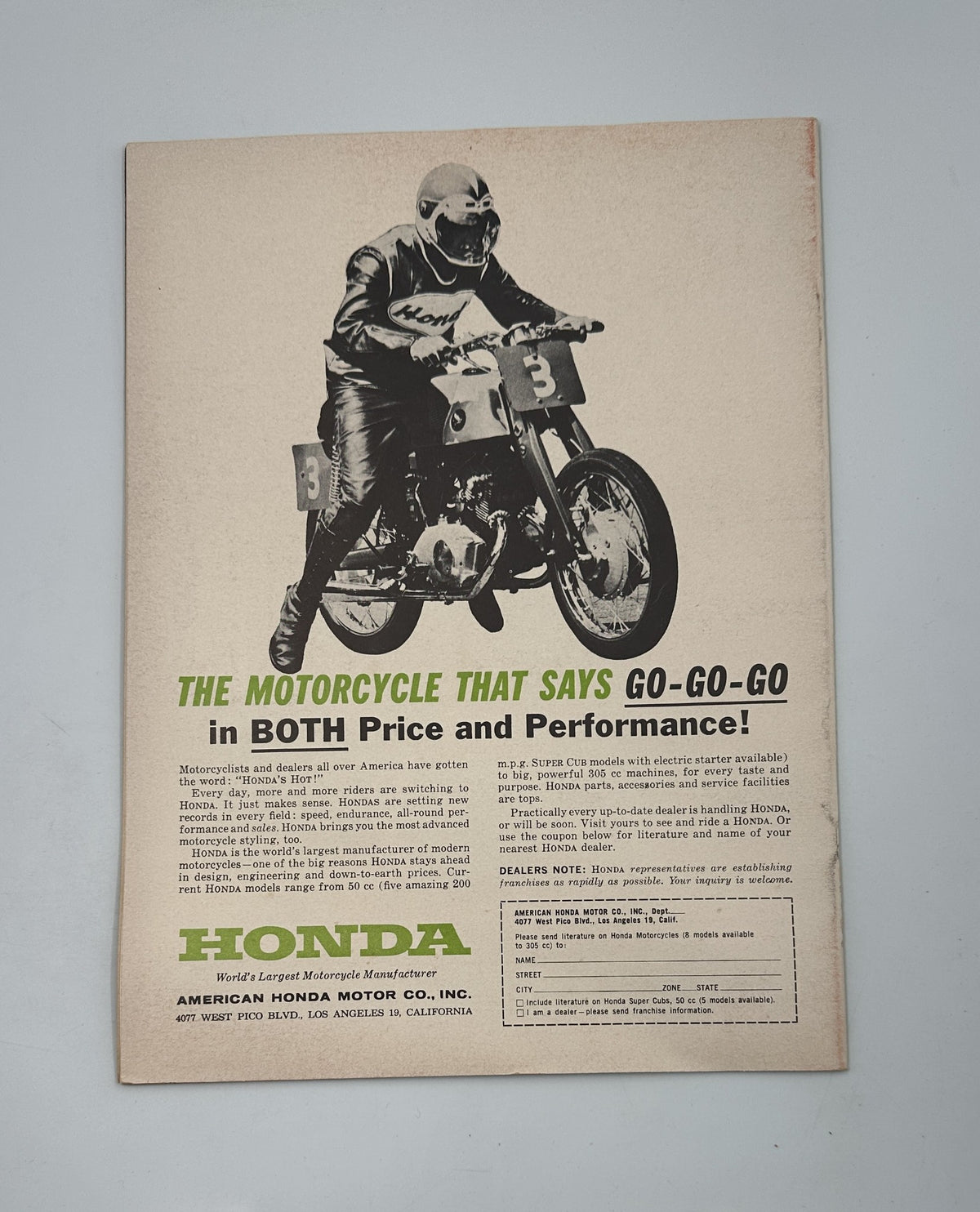 Advertisement page from Cycle Magazine April 1961 featuring the Honda motorcycle and promoting performance, relevant to the title 'Cycle Magazine April 1961 Parilla Road Test Daytona U.S. Grand Prix VG'.