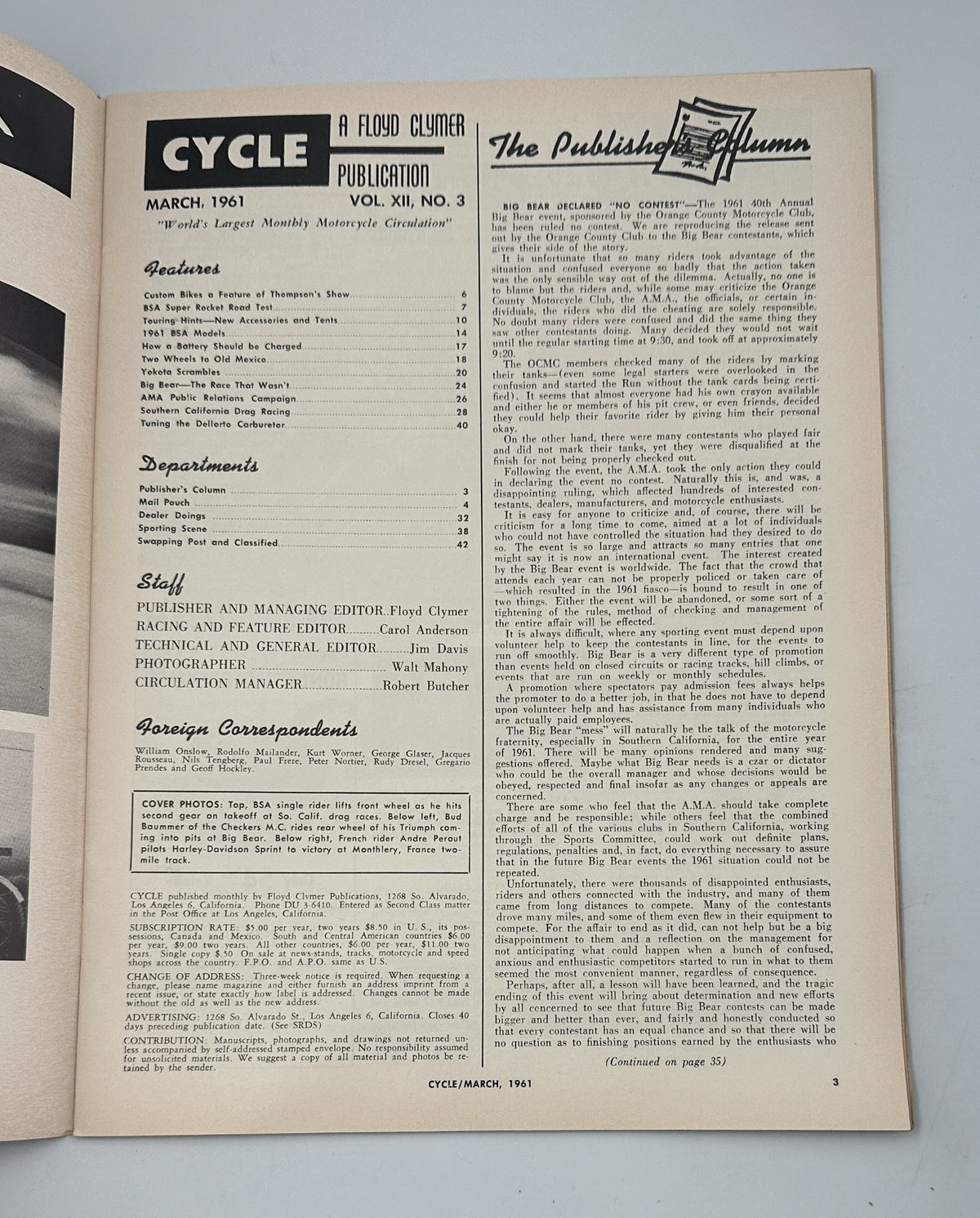 Cycle Magazine March 1961 publication details page highlighting features and departments including battery charging and tuning the Dellorto carburetor.