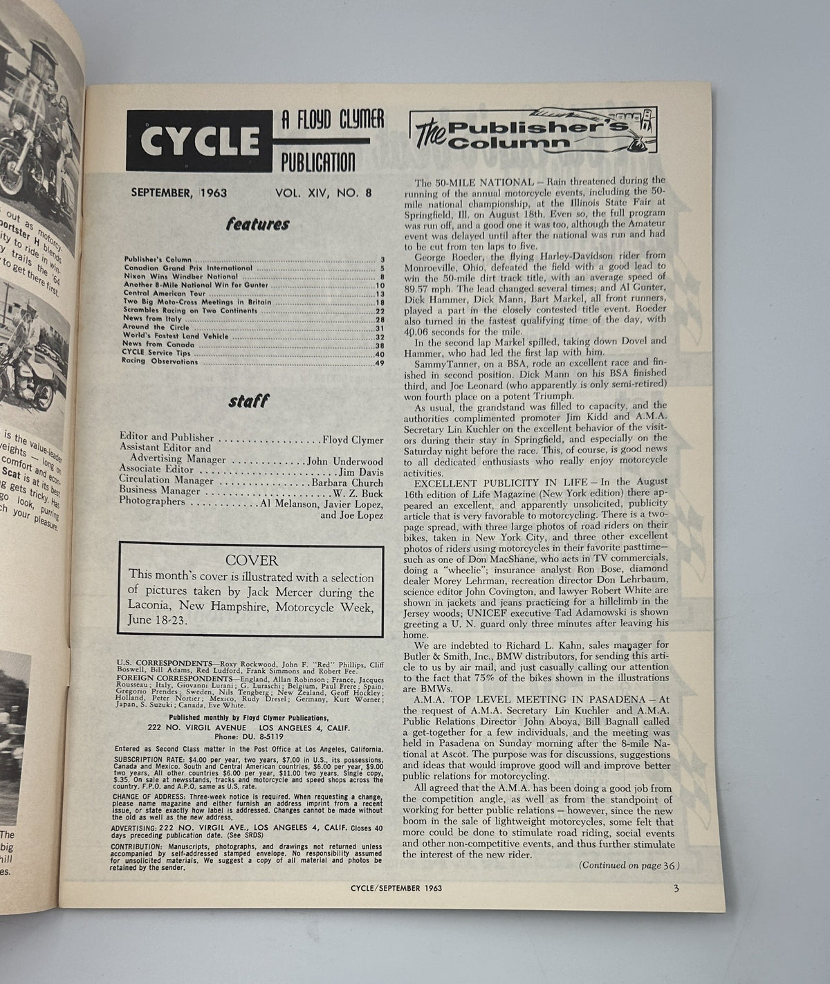 Inside page of Cycle Magazine September 1963 with the Publisher's Column, featuring details about the magazine's editorial staff and a preview of the content.