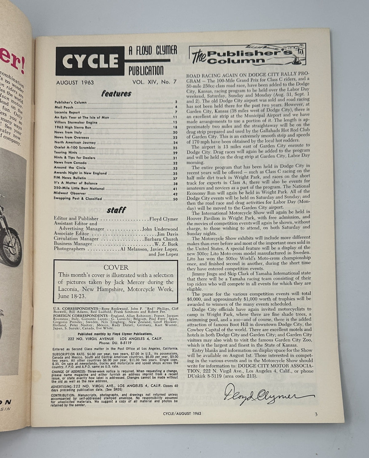 Cycle Magazine August 1963 featuring The Publisher's Column section, showcasing a list of articles and features related to motorcycling, in very good condition.
