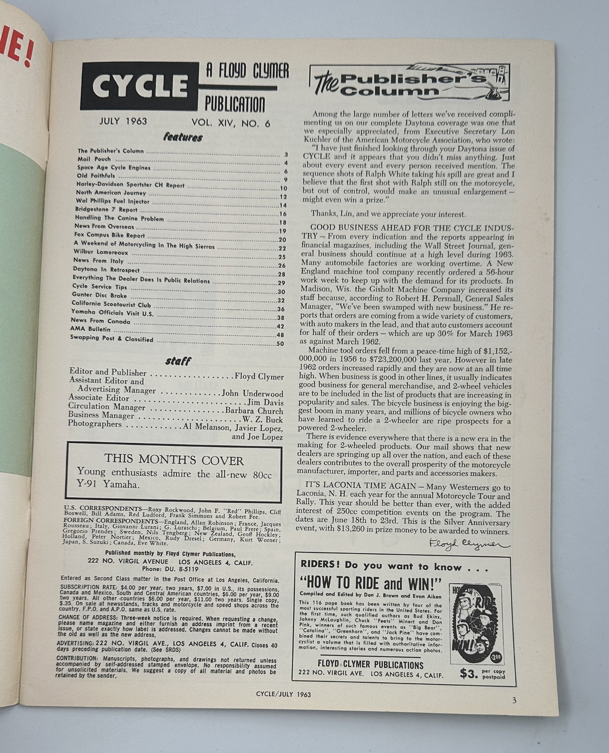 Cycle Magazine July 1963 publication details page showcasing editor's note and features including Harley-Davidson CH Road Test and Wal Phillips Fuel Injector.