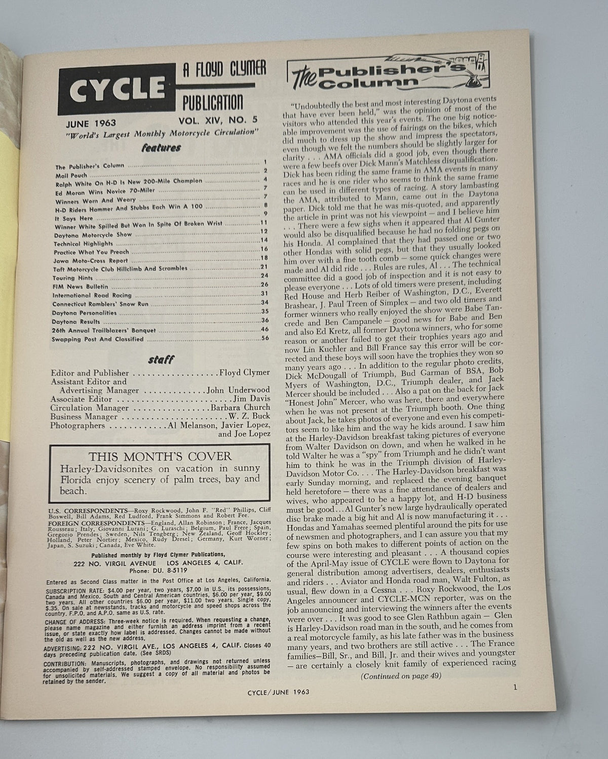 Inside page of Cycle Magazine June 1963 displaying the Publisher's Column and Table of Contents, highlighting features of the motorcycle industry.