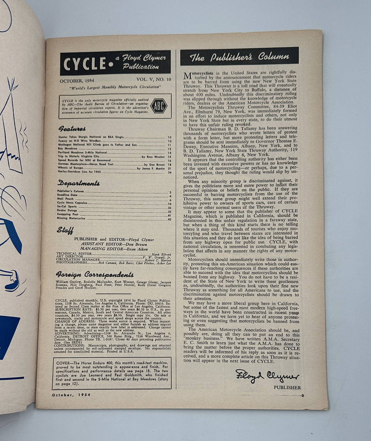 Inside page of Cycle Magazine October 1954 showcasing the Publisher's Column. This page emphasizes the magazine's status as the world's largest monthly motorcycle circulation.
