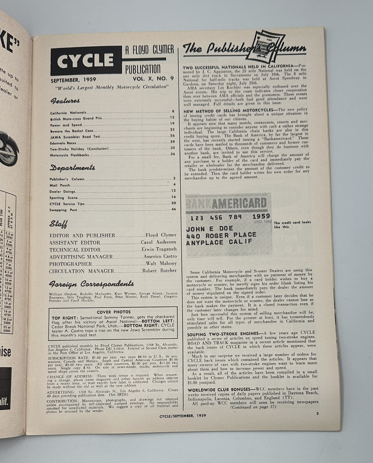 Inside page of Cycle Magazine September 1959 showcasing the publication details and departments.