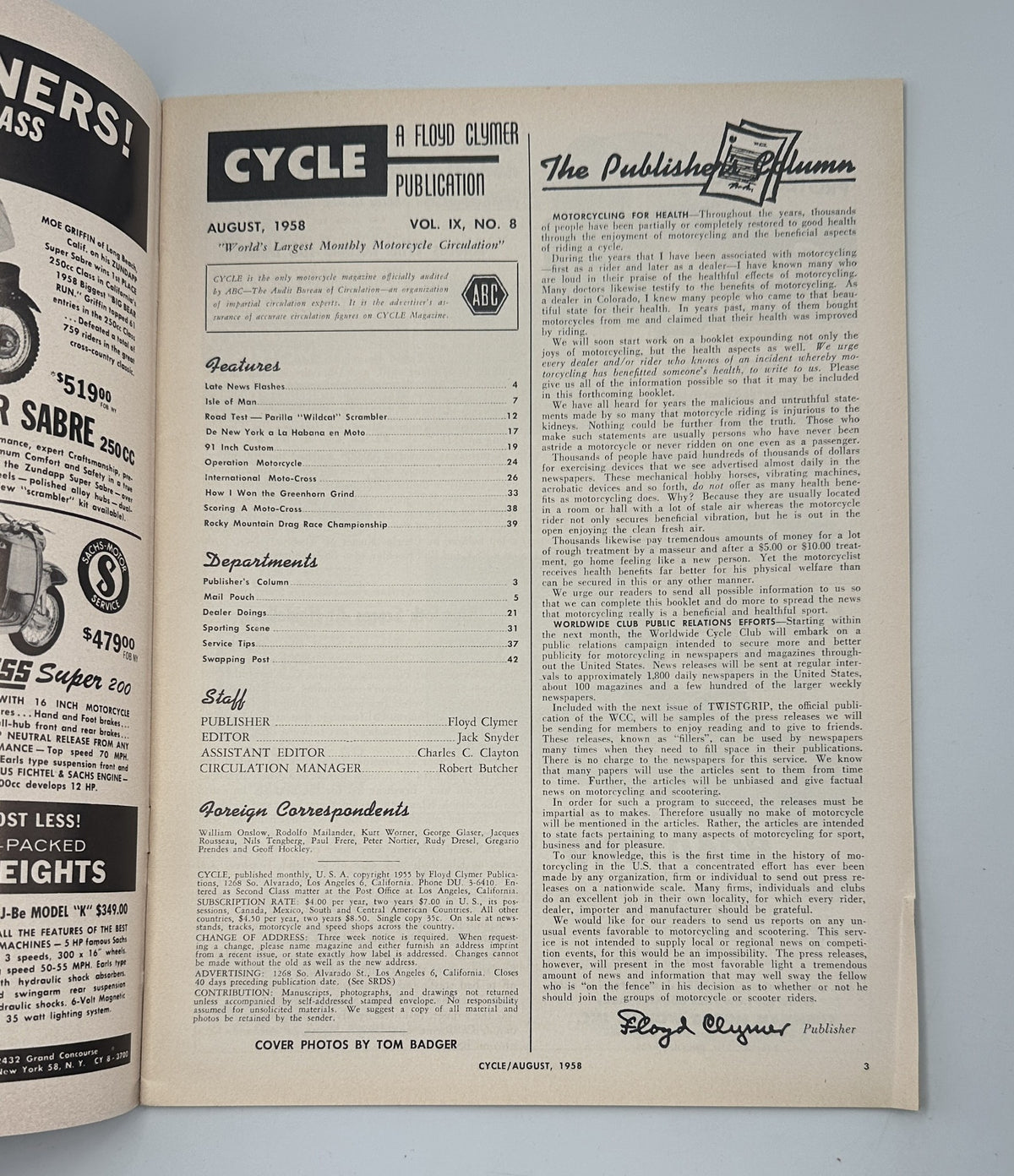 Cycle Magazine August 1958 Isle of Man Parilla Wildcat Scrambler - Page featuring the Publisher's Column and Table of Contents, showcasing key articles and features.