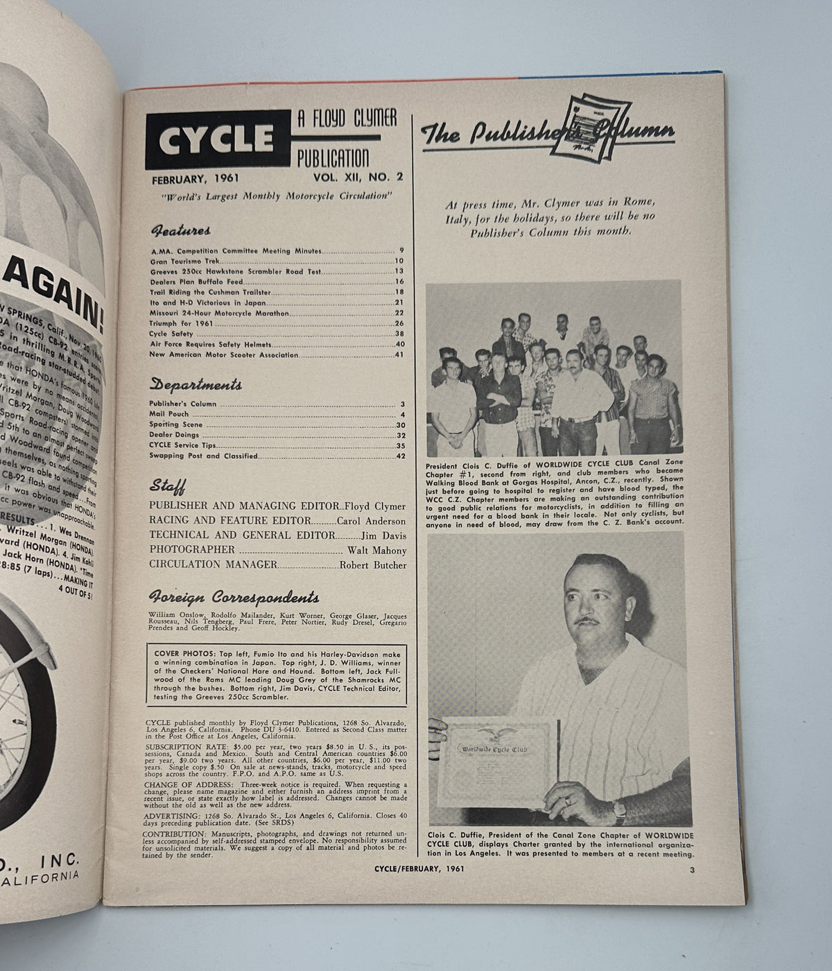 Cycle Magazine February 1961 publication details page showcasing the editorial team and a table of contents for the issue, highlighting motorcycle-related content.