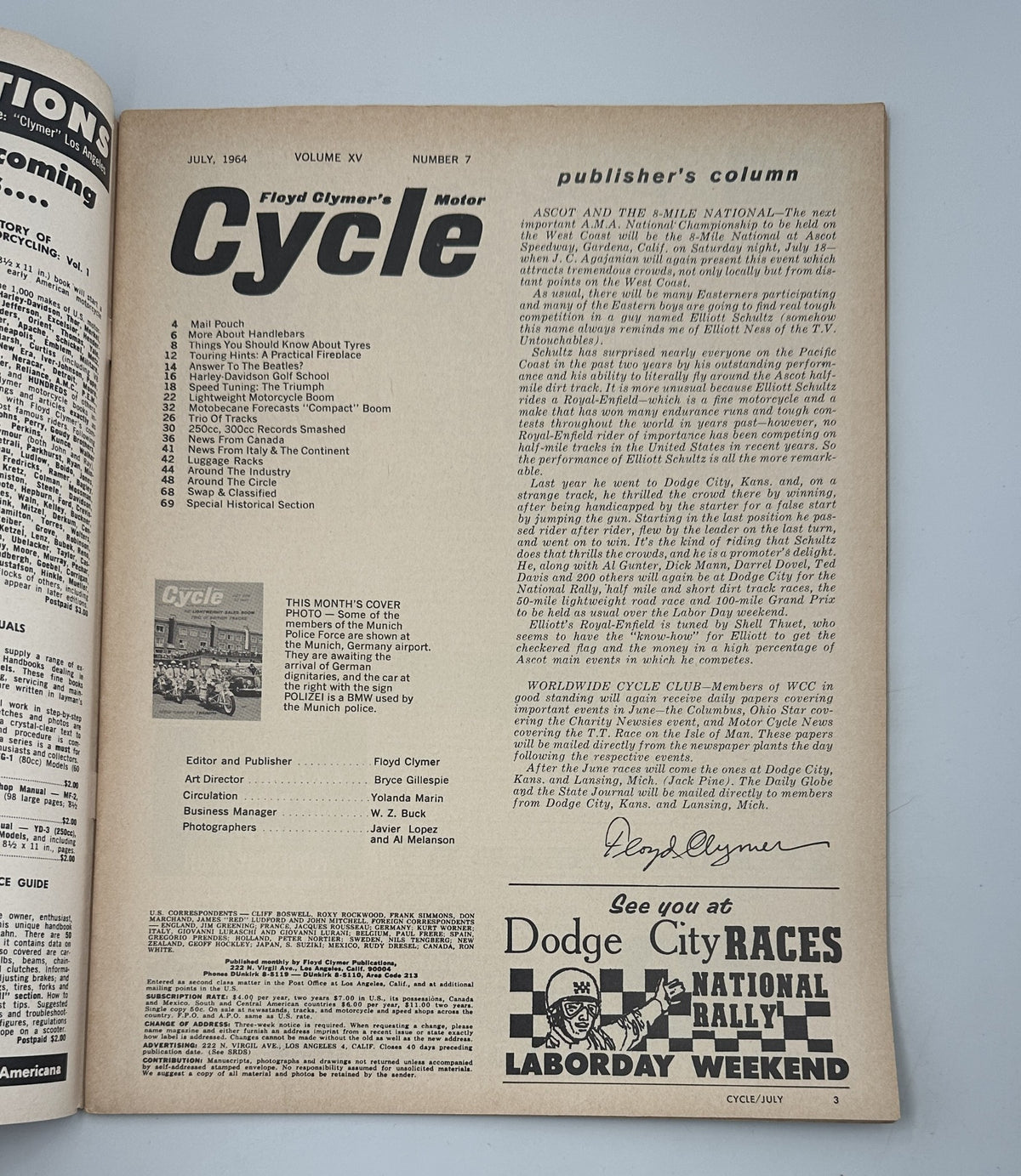Inside page of Cycle Magazine July 1964, including publisher's column and the Table of Contents with various motorcycle articles.