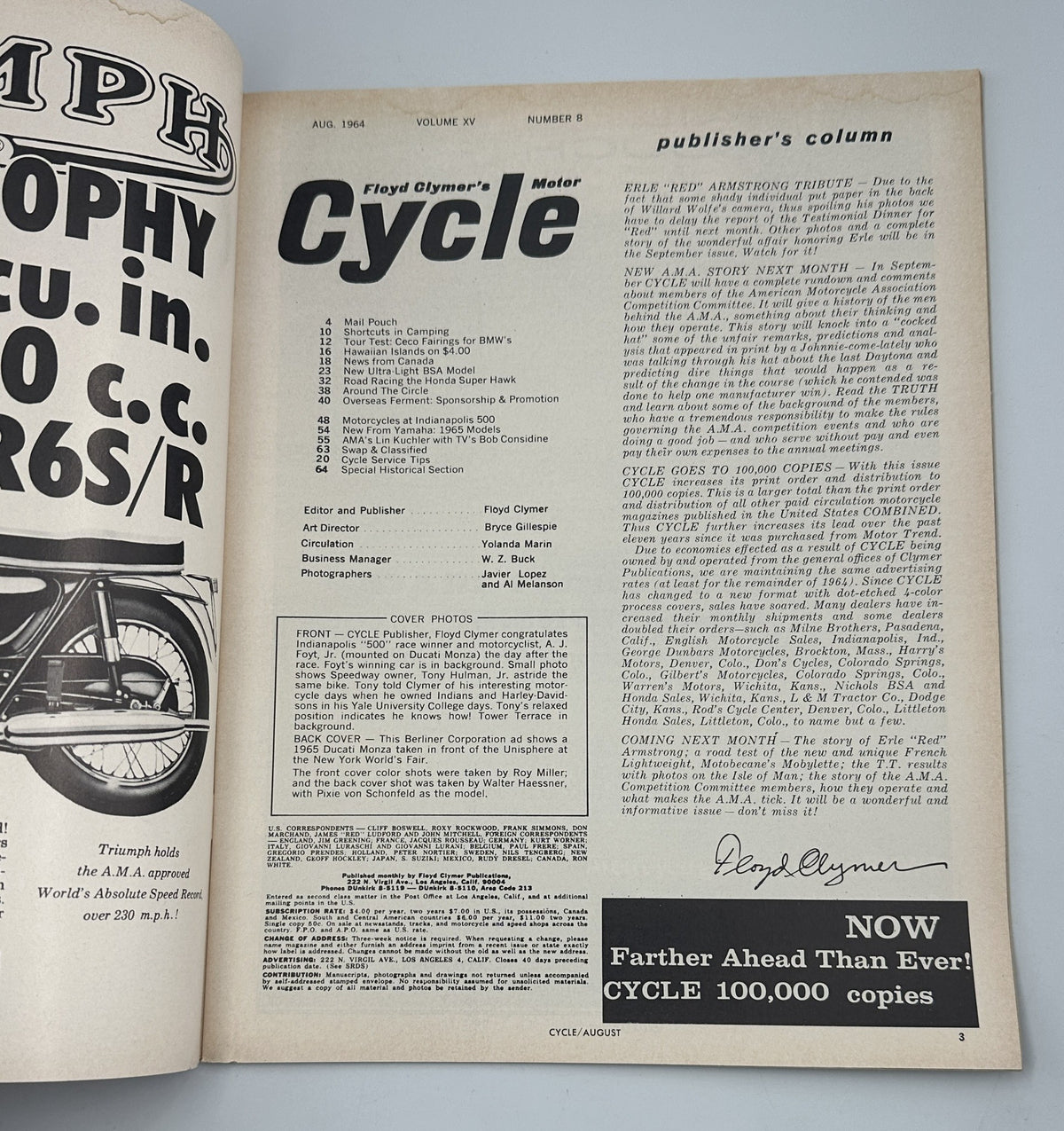 Inside page of Cycle Magazine August 1964, publisher's column by Floyd Clymer, detailing the magazine's features including mail pouch, tour tests, and motorcycle news.