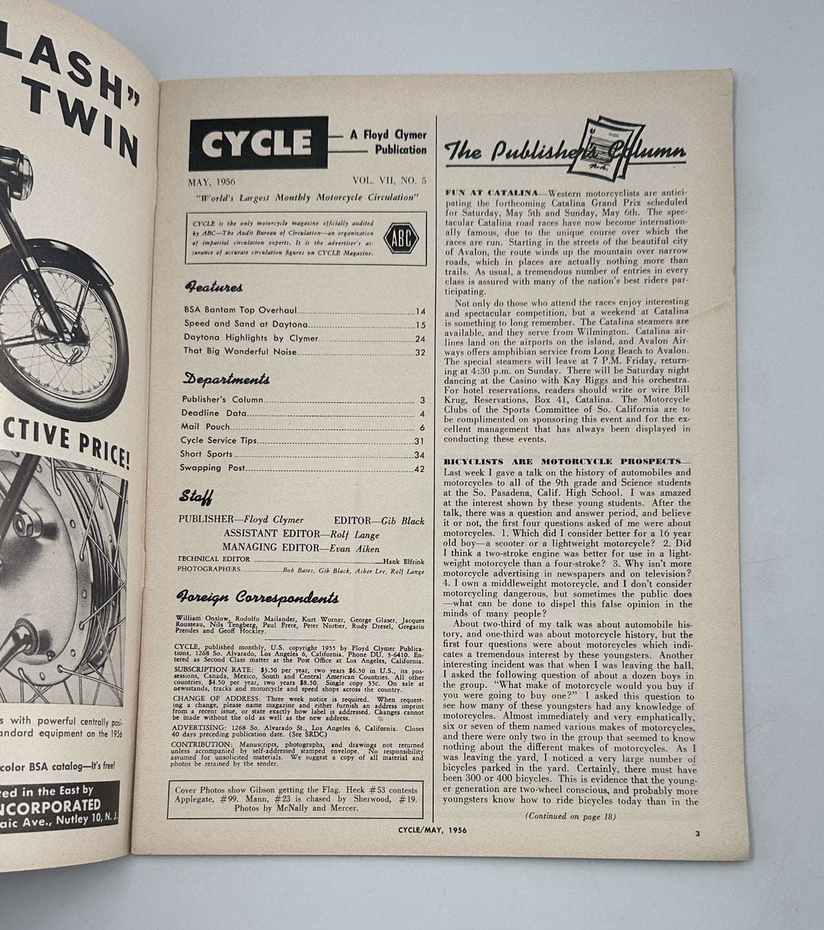 Page from Cycle Magazine May 1956, featuring contents and editorial details. Title: Cycle Magazine May 1956 Daytona Issue Gibson Wins Indian Trail Blazer.