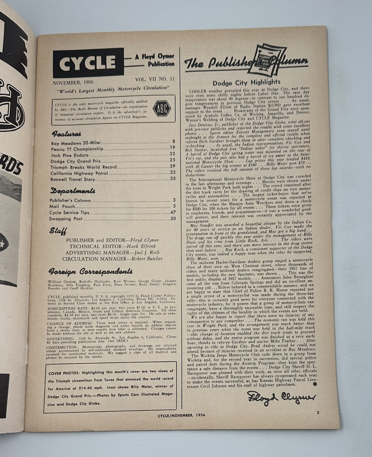 Inside page of Cycle Magazine November 1956 displaying the publisher's column with highlights from the Dodge City Grand Prix and features from the magazine, emphasizing its historic motorcycle content.