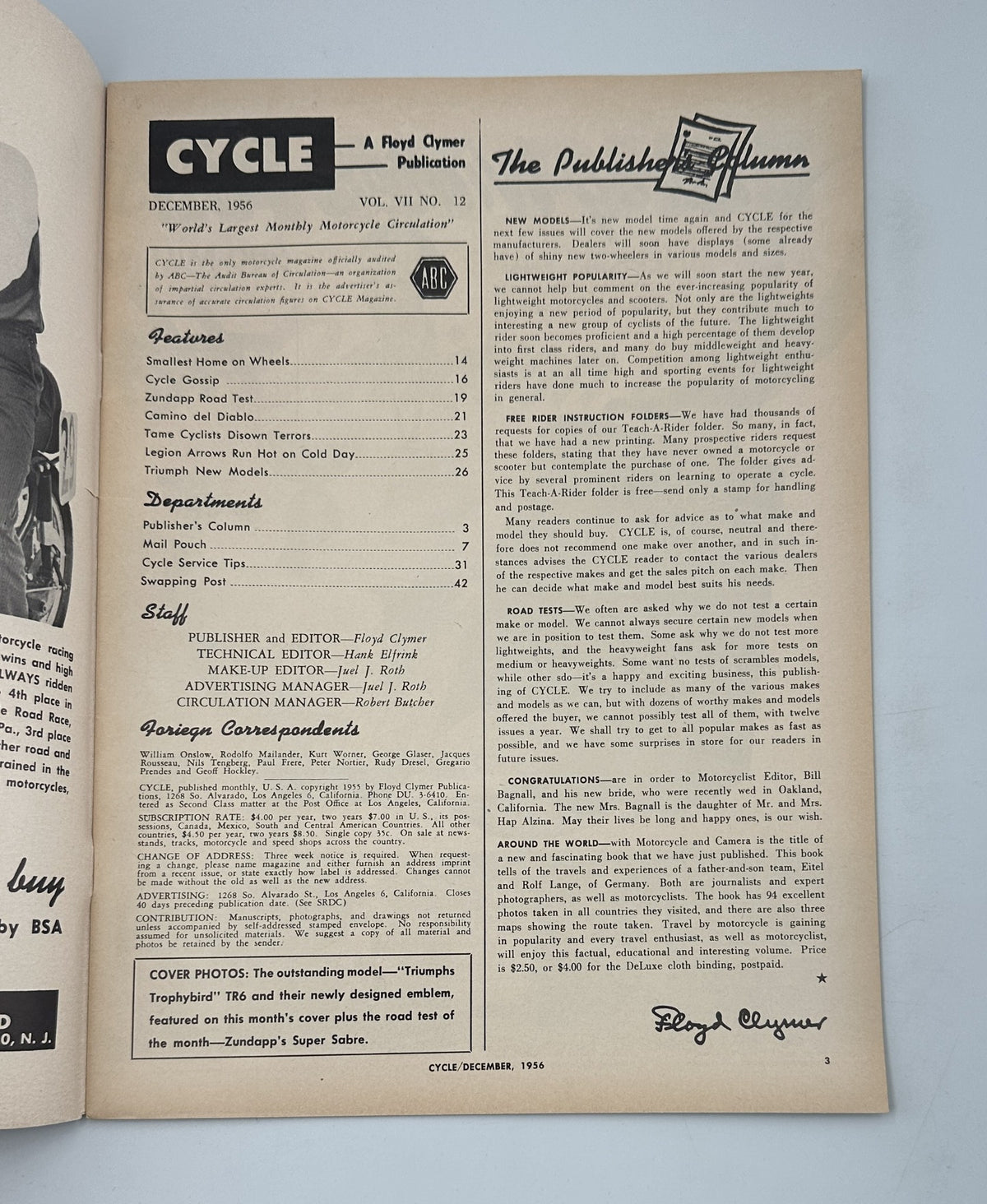 Cycle Magazine December 1956 Triumph 1957 Models Zundapp Road Test