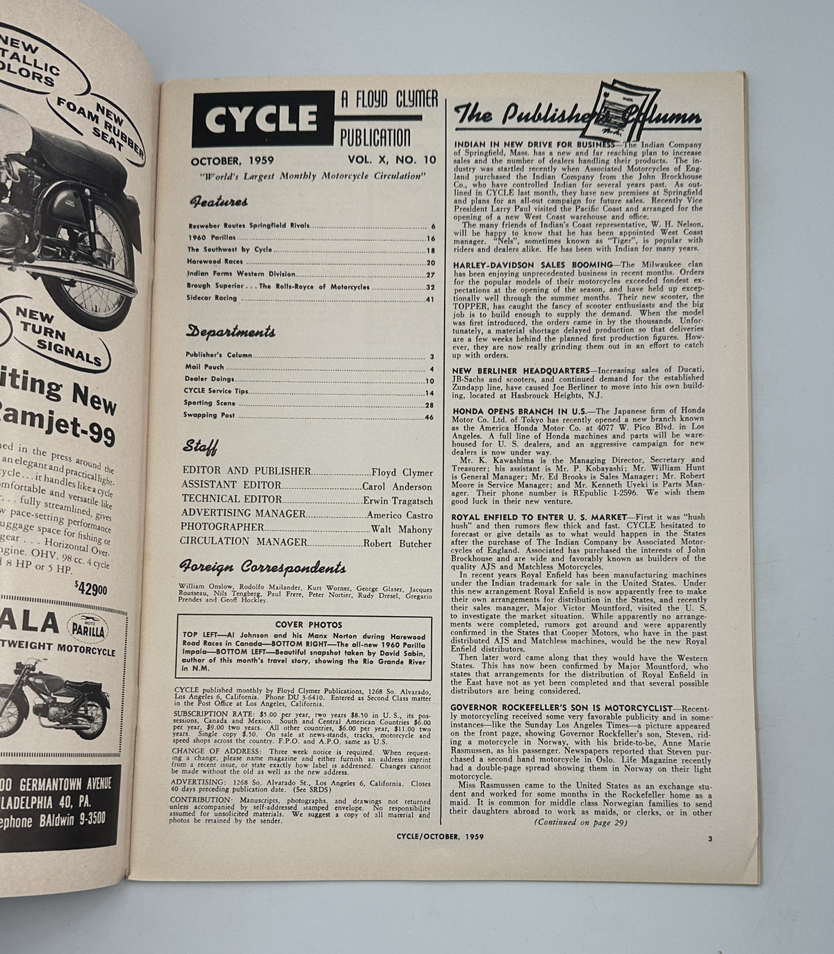 Cycle Magazine October 1959 - Publisher's column page featuring various motorcycle-related articles and information.