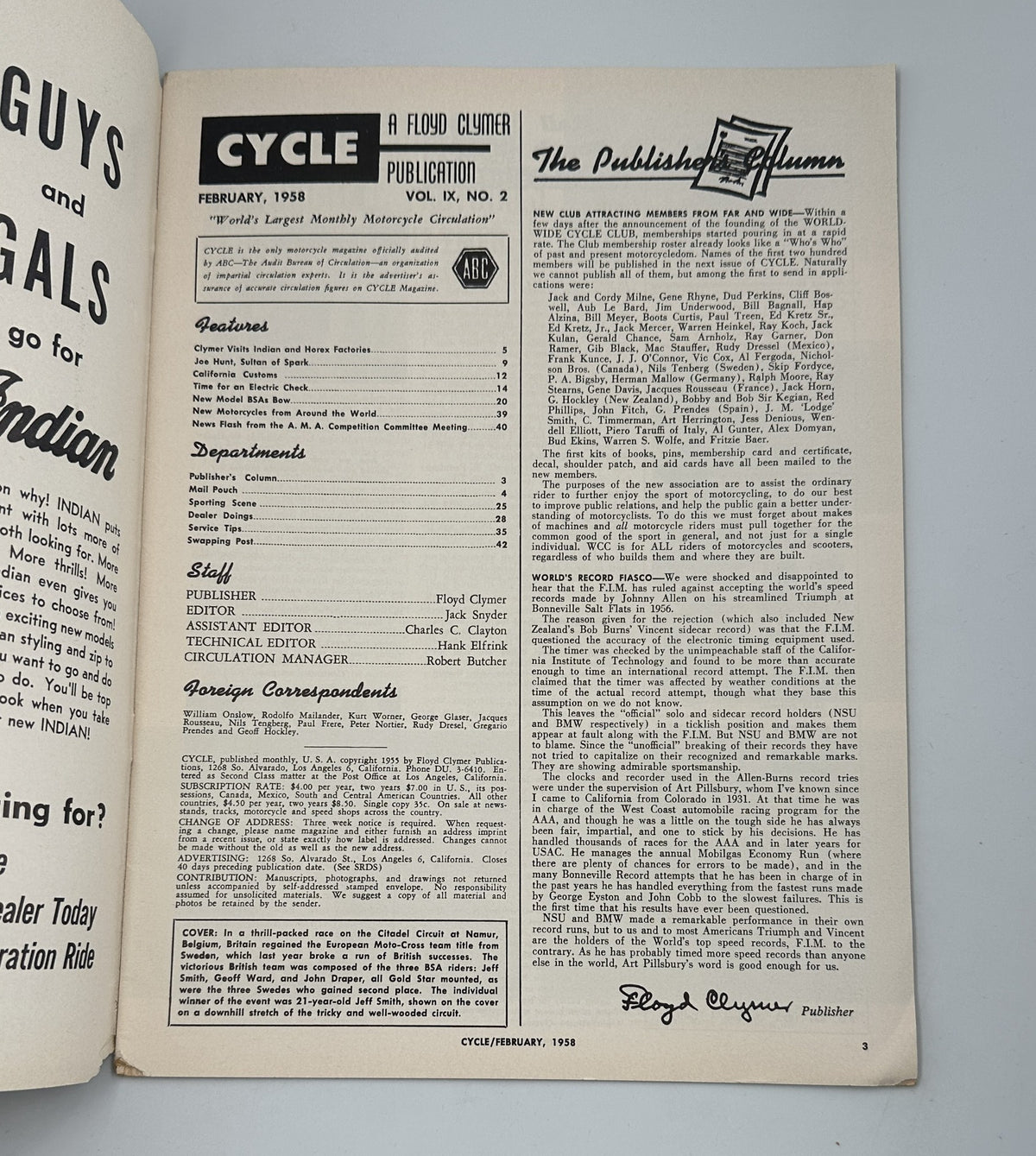 Inside page of Cycle Magazine February 1958, detailing the publication's features and staff, highlighting motorcycle topics.
