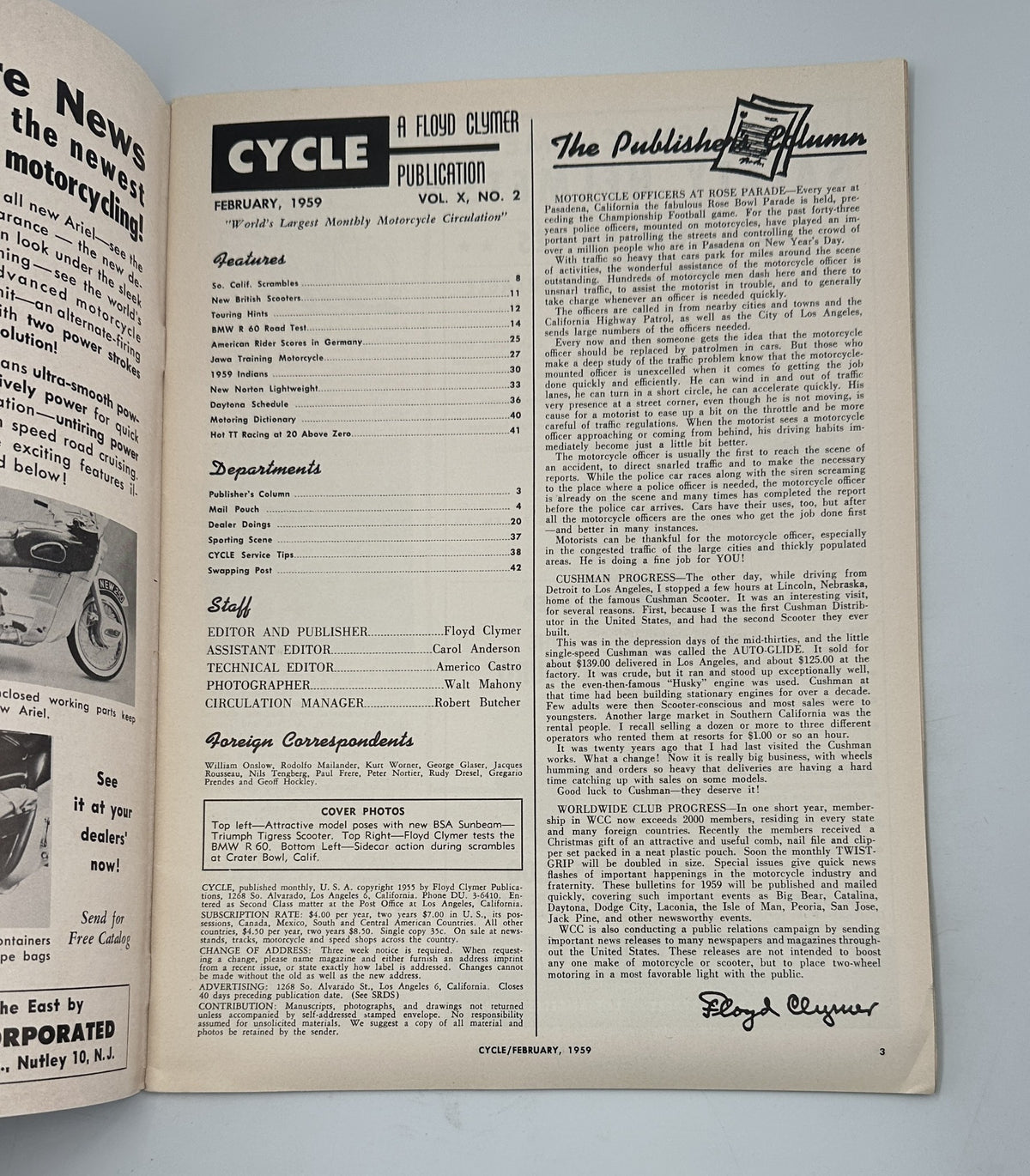 An interior page from Cycle Magazine February 1959, illustrating the publication details including the title 'Cycle' and featuring the names of the editor and publisher, associated with the 'Cycle Magazine February 1959 BMW R 60 Road Test New British Scooter'.