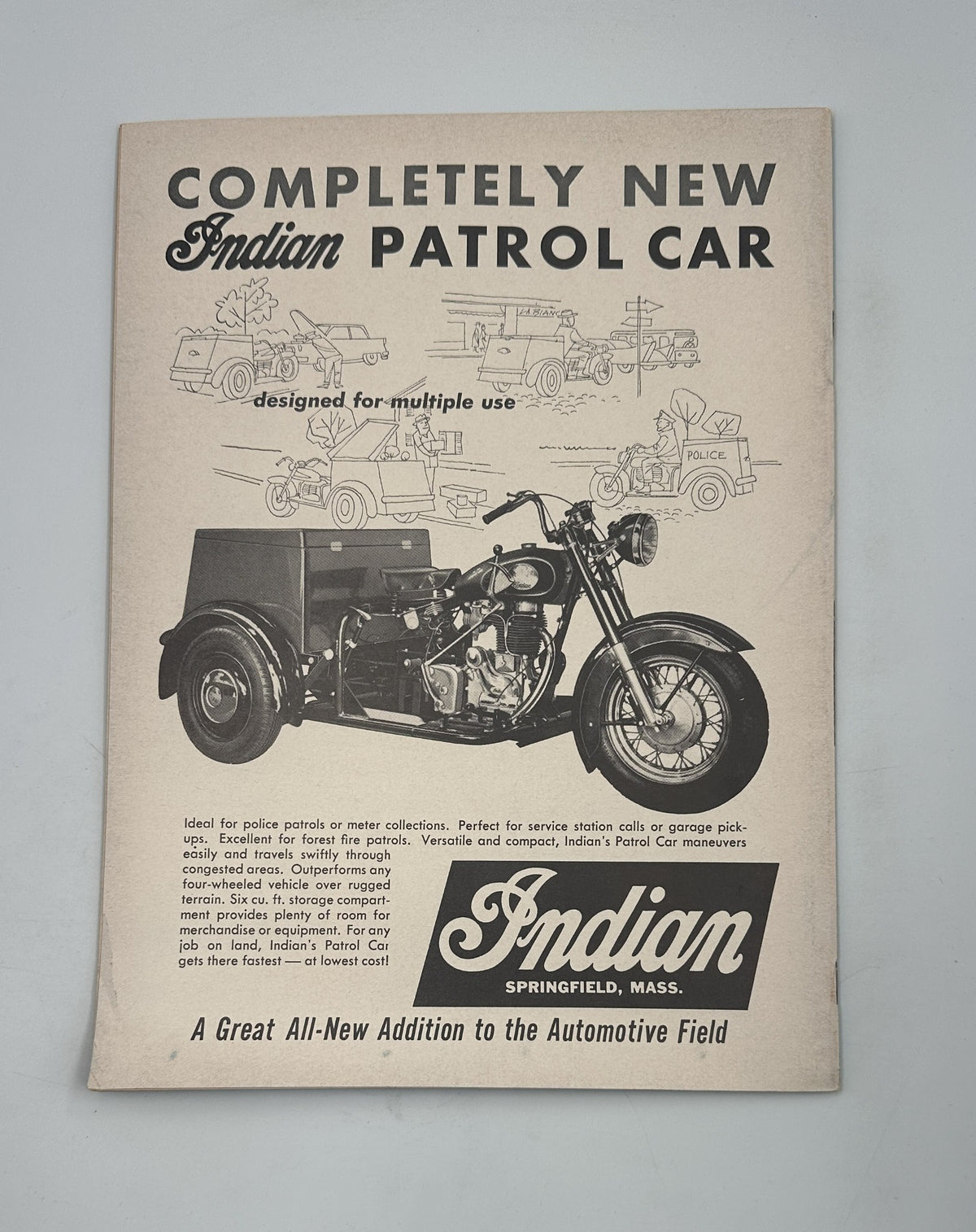 Advertisement for the new Indian Patrol Car in Cycle Magazine February 1959, highlighting its design for multiple use, relevant to the title 'Cycle Magazine February 1959 BMW R 60 Road Test New British Scooter'.