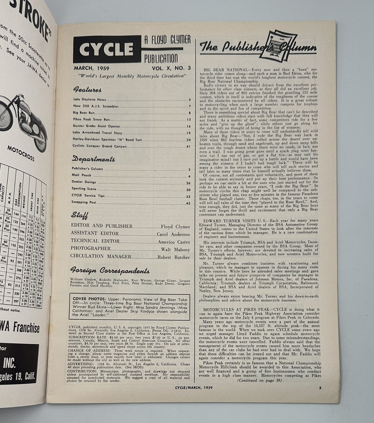 Inside page of Cycle Magazine March 1959 showing the Table of Contents and publication details, highlighting articles such as 'Service Tips', 'Lake Arrowhead Travel Story', and other features relevant to motorcycle enthusiasts.