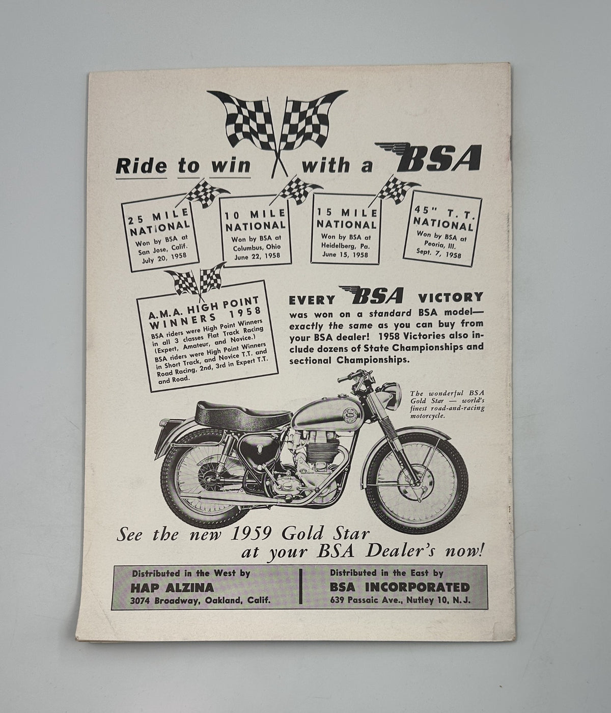 Vintage advertisement showcasing BSA motorcycles from Cycle Magazine March 1959, including details on upcoming motorcycle races and promotions for the 1959 Gold Star model.