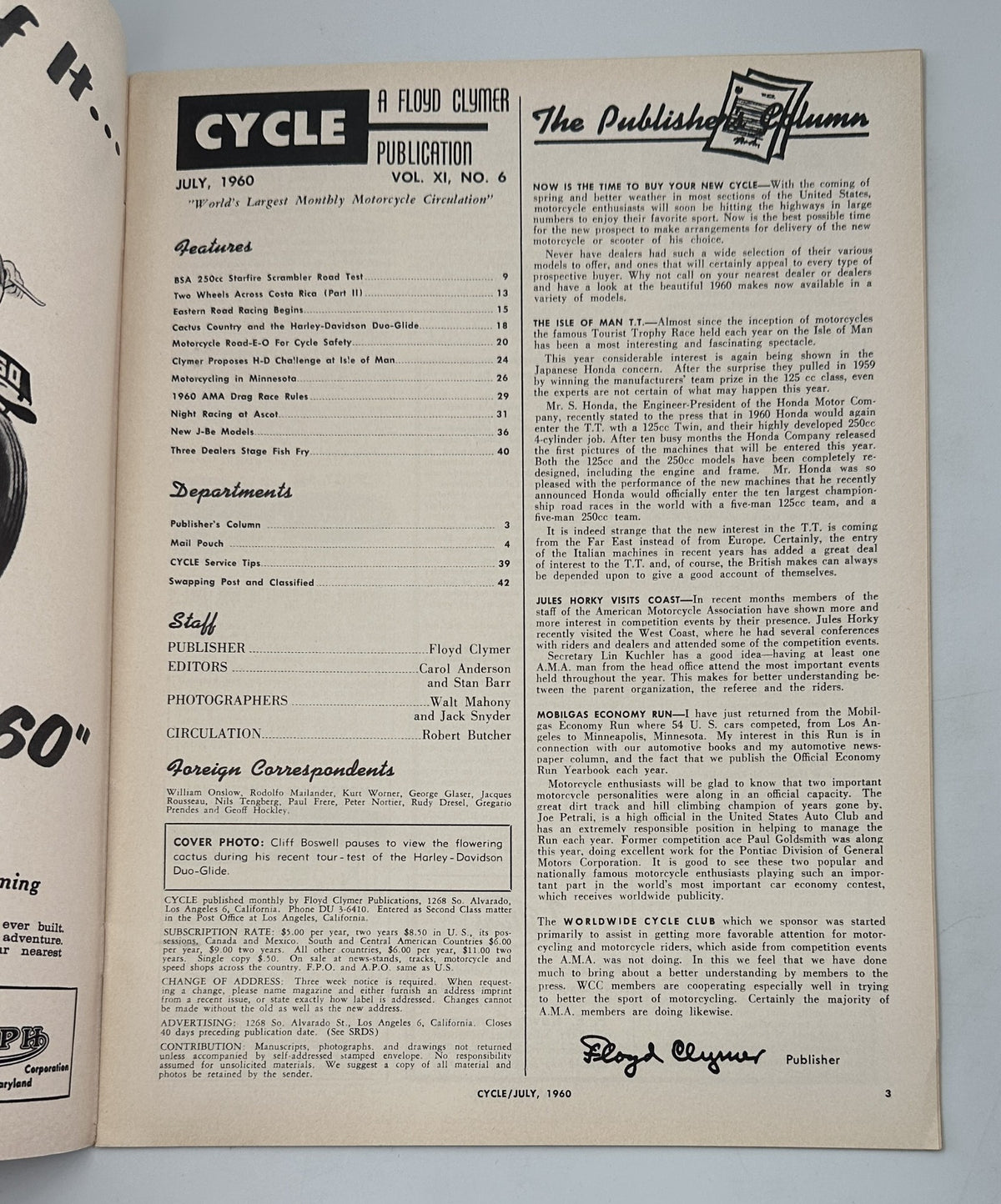 Inside page of Cycle Magazine July 1960 showing the Table of Contents and publisher information, highlighting features and departments.