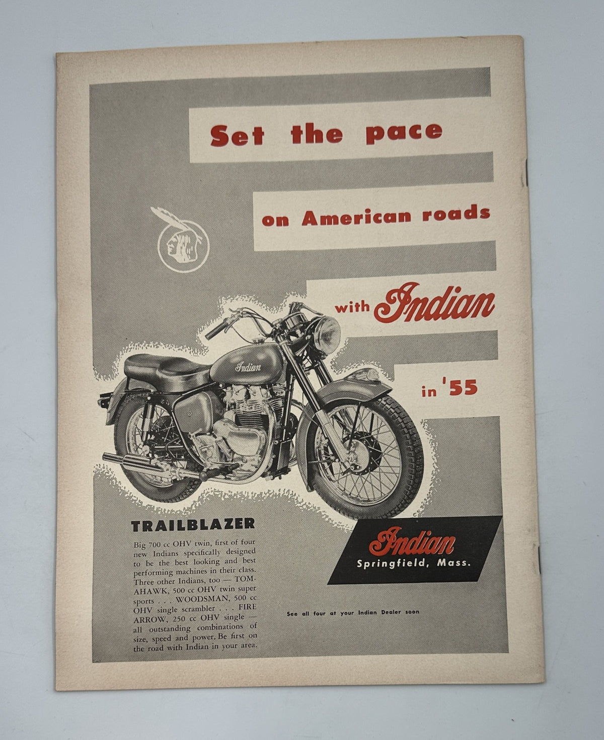 Advertisement for Indian Trailblazer motorcycle in Cycle Magazine January 1955 Zundapp Bella Pacific Coast TT Vincent Sports, highlighting its features and American road compatibility.