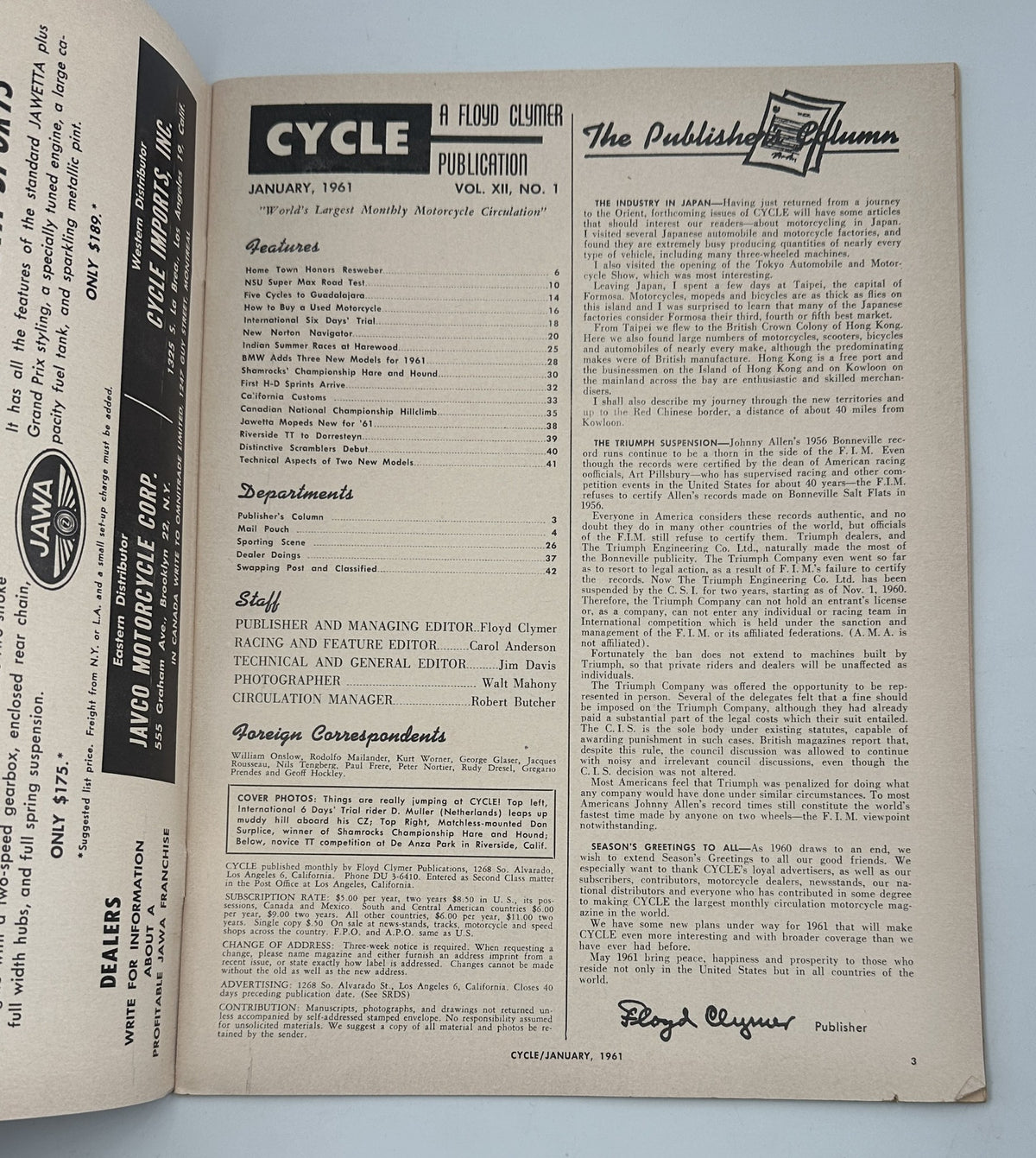 Inside page of Cycle Magazine January 1961 detailing the publication's management and editorial team. Includes the magazine's title and publication information, reinforcing the historical context of the motorcycle culture.
