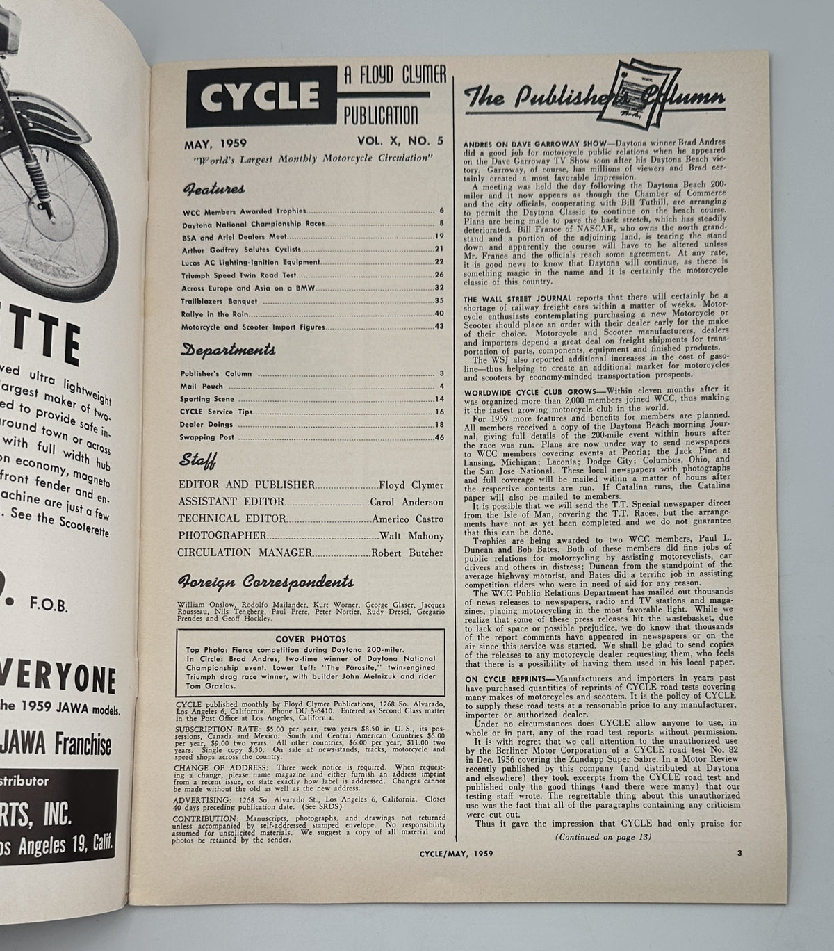Inside page of Cycle Magazine May 1959 displaying the Table of Contents and publication details, highlighting features and departments related to motorcycles.