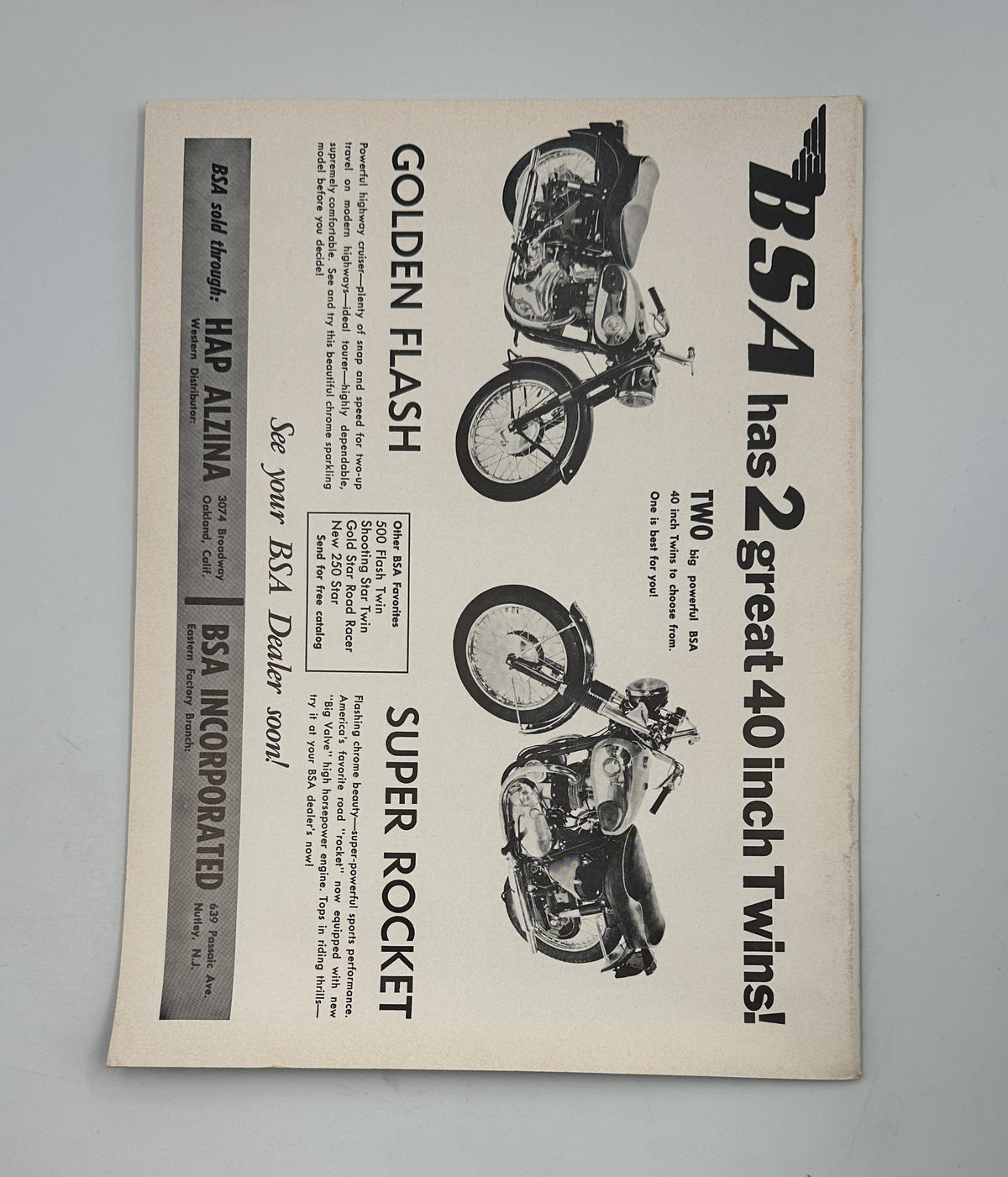 Advertisement page from Cycle Magazine May 1959 for BSA motorcycles featuring the Golden Flash and Super Rocket models, promoting two great 40-inch twins.