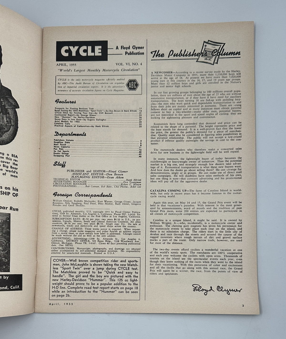 Cycle Magazine April 1955 interior page showcasing the publisher's column, including details on features and departments related to motorcycles, with logos and design elements relevant to the issue.