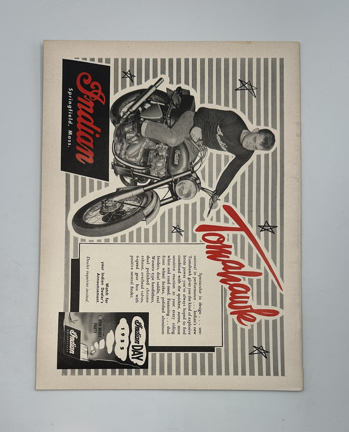 Cycle Magazine April 1955 featuring Matchless Sport Twin and Harley Hummer, showing a vintage advertisement with a male rider on a motorcycle, highlighting classic motorcycle culture.