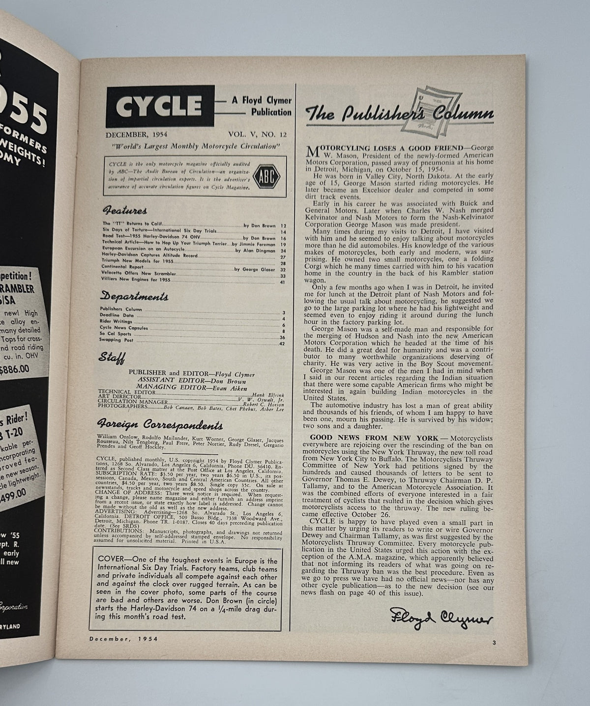 Cycle Magazine December 1954 publication featuring the Publisher's Column and layout details of the magazine.
