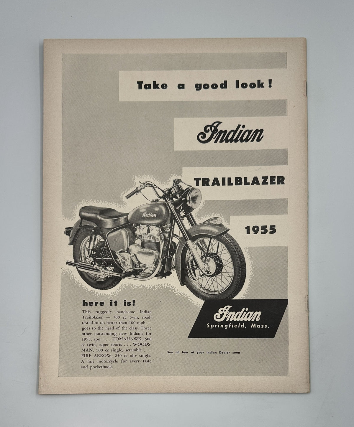 Cycle Magazine December 1954 advertisement for the 1955 Indian Trailblazer motorcycle.