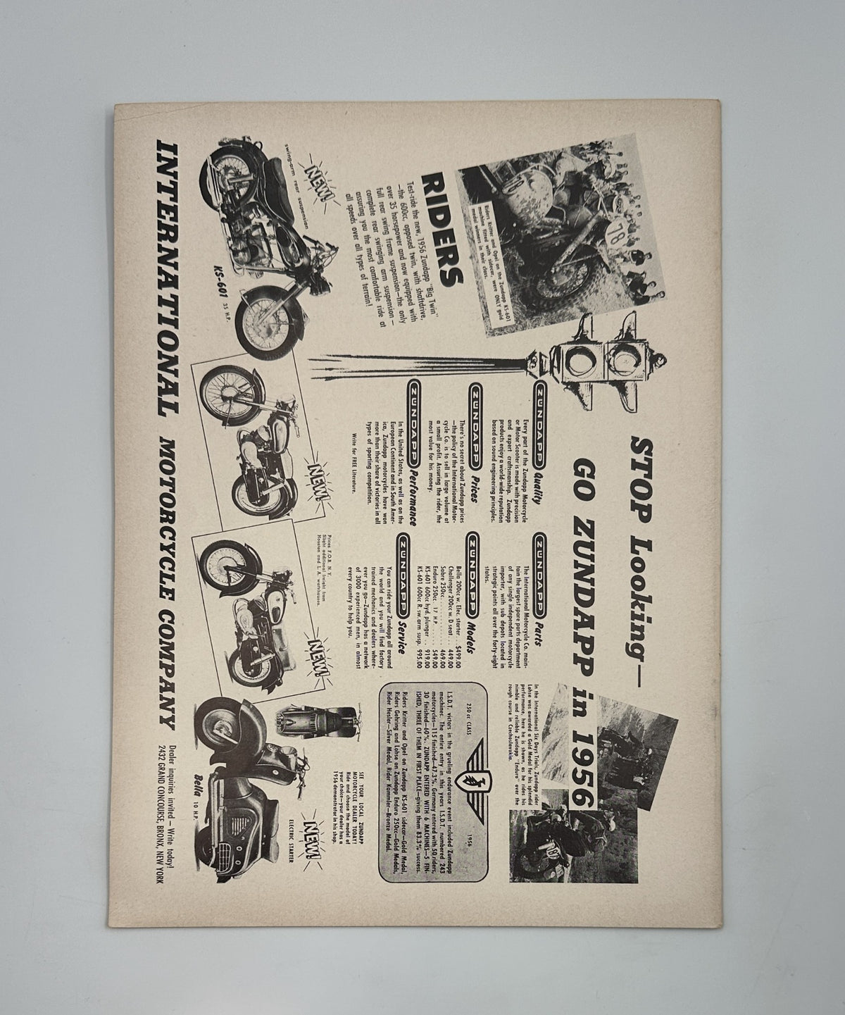 Back cover of Cycle Magazine February 1956 showcasing advertisements for motorcycles and the International Motorcycle Company.
