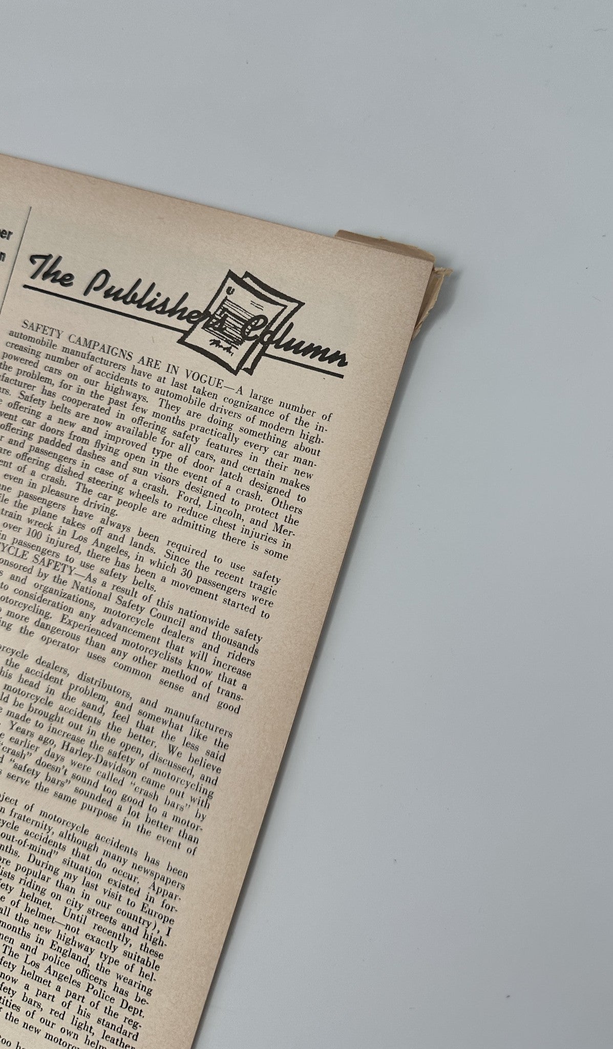 Close-up of the 'Publisher's Column' from Cycle Magazine March 1956, discussing safety campaigns in the motorcycle community.