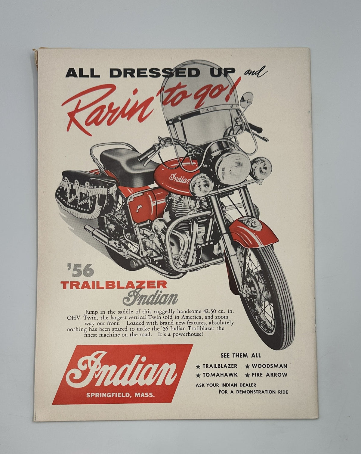 Advertisement page for the 1956 Indian Trailblazer motorcycle in Cycle Magazine March 1956, presenting features and promotional details.