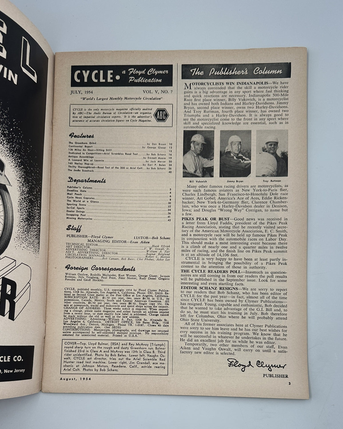 Interior page of Cycle Magazine August 1954 displaying the Table of Contents and the Publisher's Column, documenting motorcycle events and features.