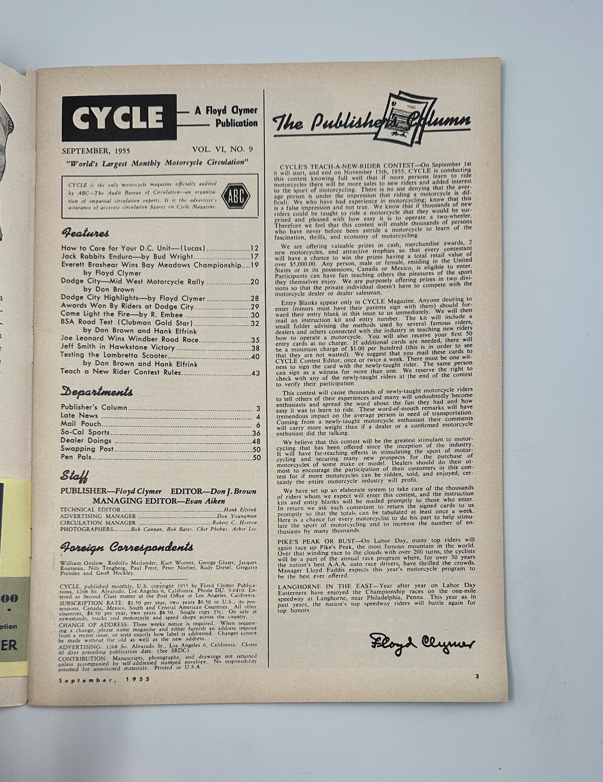 Cycle Magazine September 1955, page displaying 'The Publisher's Column' with contributor details and magazine issue information.