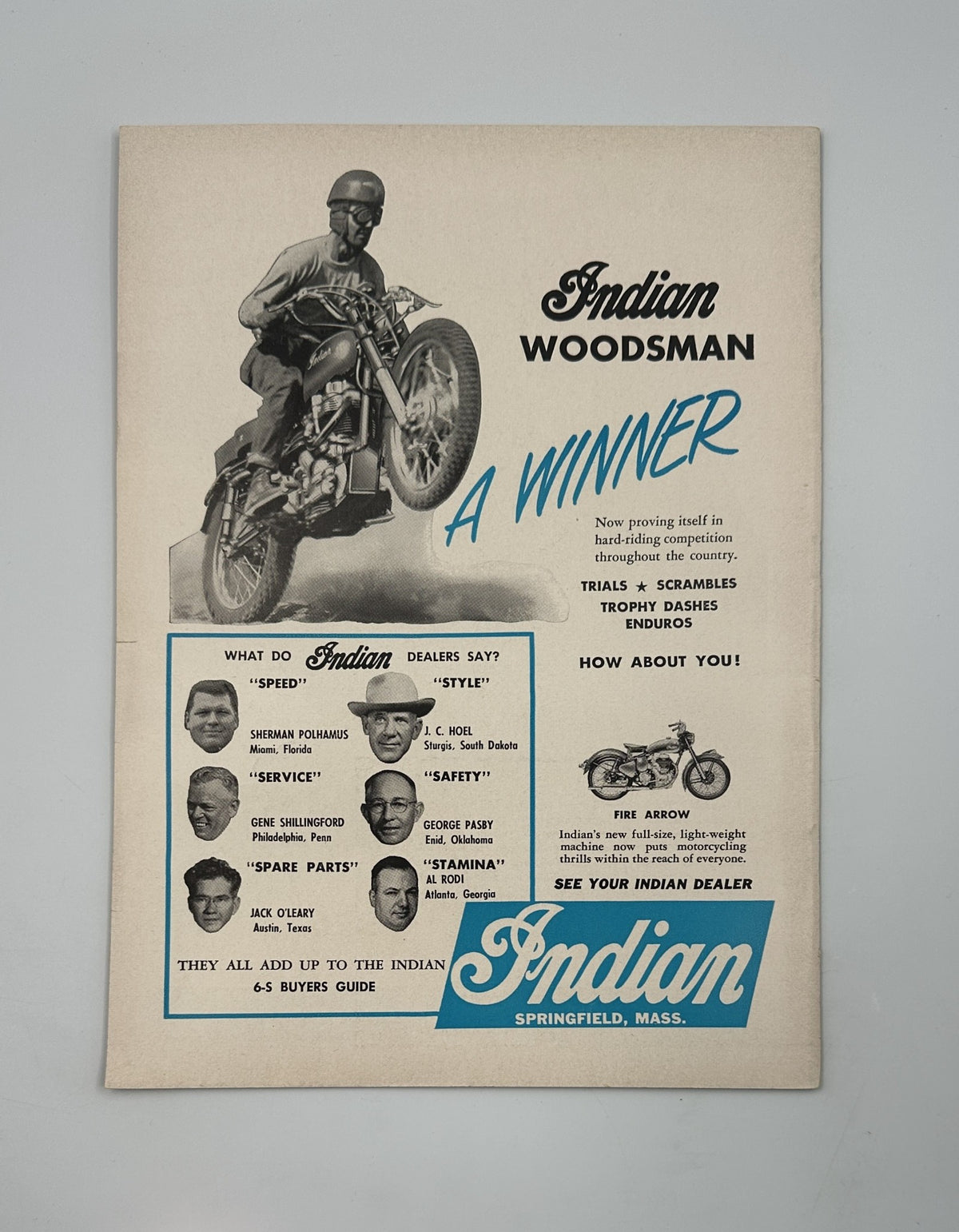 Cycle Magazine September 1955 advertisement for Indian Motorcycles, highlighting the Woodsman model and its features.