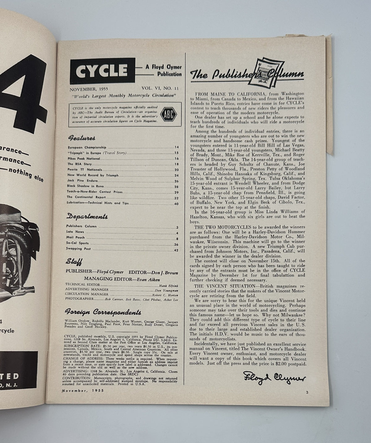 Inside page of Cycle Magazine November 1955, showcasing the Table of Contents and publication details with editorial commentary.