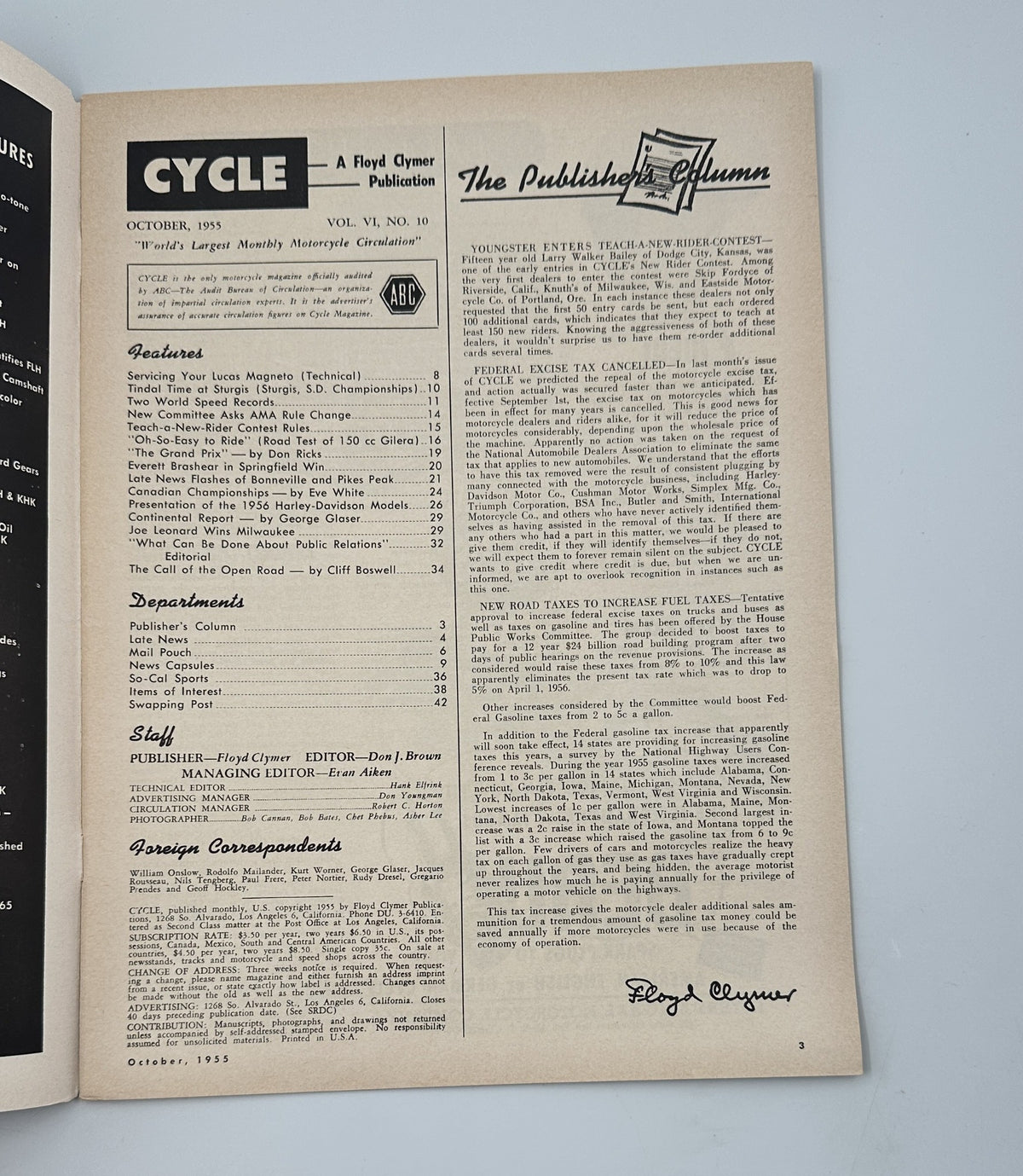 Inside page of Cycle Magazine October 1955 displaying the table of contents and publisher's column, illustrating the magazine's features and articles.