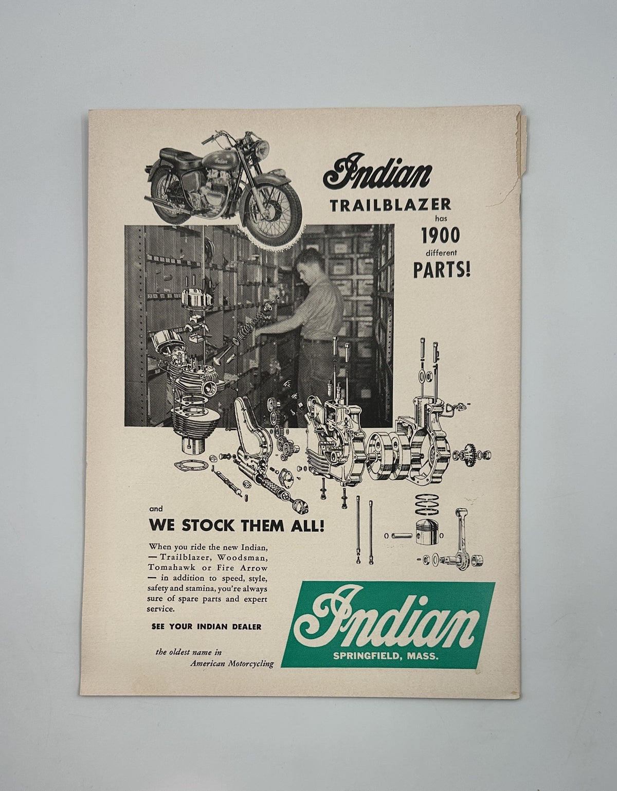 Back cover of Cycle Magazine October 1955 featuring an advertisement for Indian Trailblazer motorcycles, emphasizing parts availability and local dealerships.