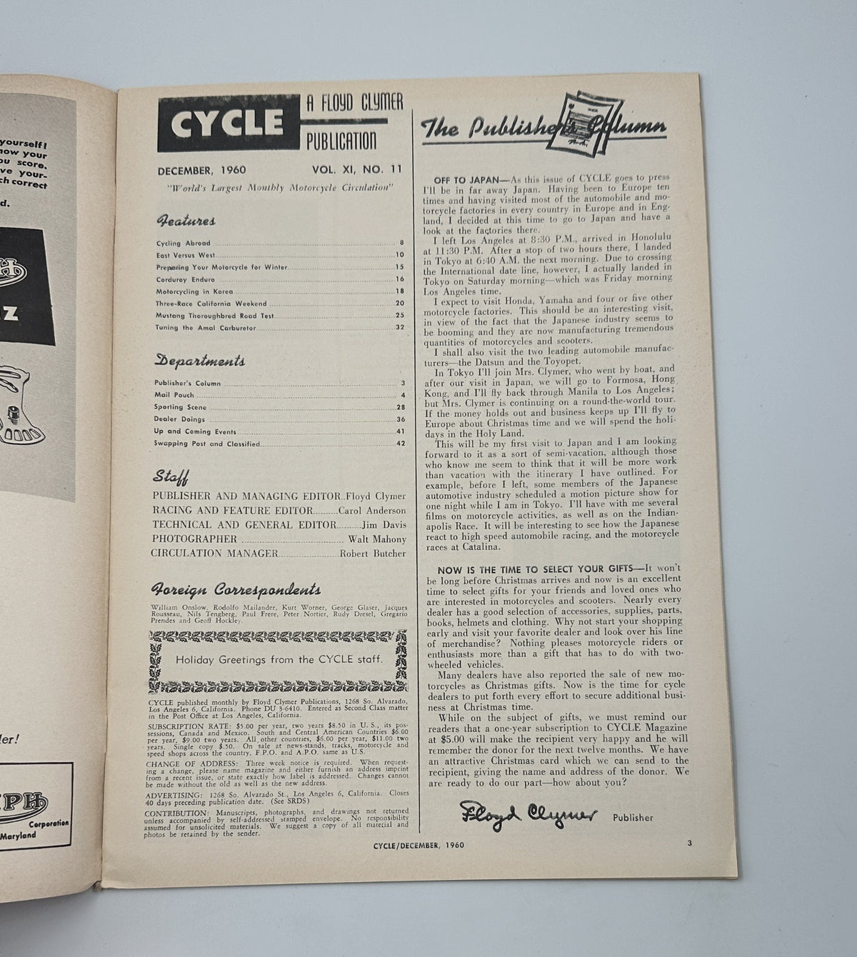 Inside page of Cycle Magazine December 1960 displaying 'The Publisher's Column' along with the table of contents and publication details.